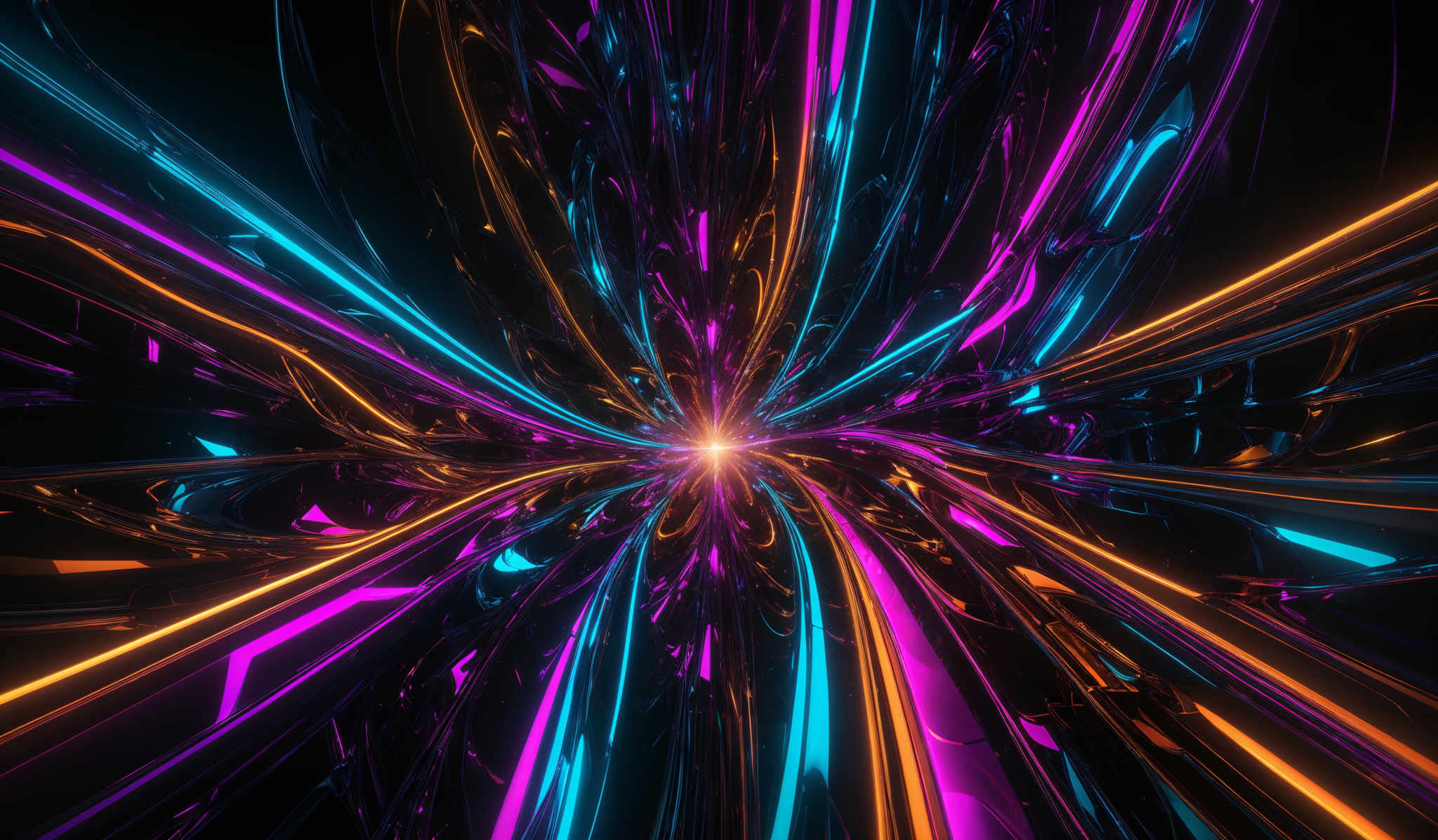 The image showcases a vibrant and dynamic digital artwork. It features a central light source emitting a bright glow, surrounded by swirling lines and patterns in hues of purple, blue, and orange. These lines appear to be reflecting and refracting, creating a sense of depth and movement. The overall shape resembles a burst or explosion of colors, giving an impression of energy and dynamism.