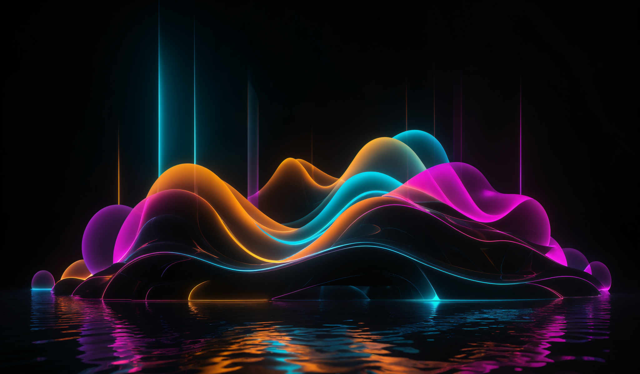 The image showcases vibrant neon colors, predominantly in shades of pink, blue, and orange. The shapes are fluid and wavy, resembling abstract waves or mountains. These shapes are illuminated, creating a vivid contrast against the dark background. The image also features vertical beams of light that appear to be emanating from the top, adding depth and dimension to the scene. The entire composition is reflected in a body of water below, creating an almost surreal and dreamlike atmosphere.