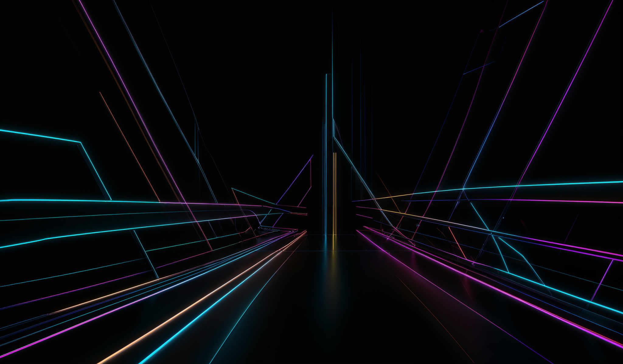 The image showcases a vibrant and dynamic digital artwork. It features a series of neon-colored lines and shapes, predominantly in shades of blue, pink, and yellow, against a dark background. The lines form intricate patterns, resembling a futuristic or cybernetic design, reminiscent of a virtual reality or a digital landscape. The shapes are predominant straight lines, but there are also curves and angles, creating a sense of depth and dimension.