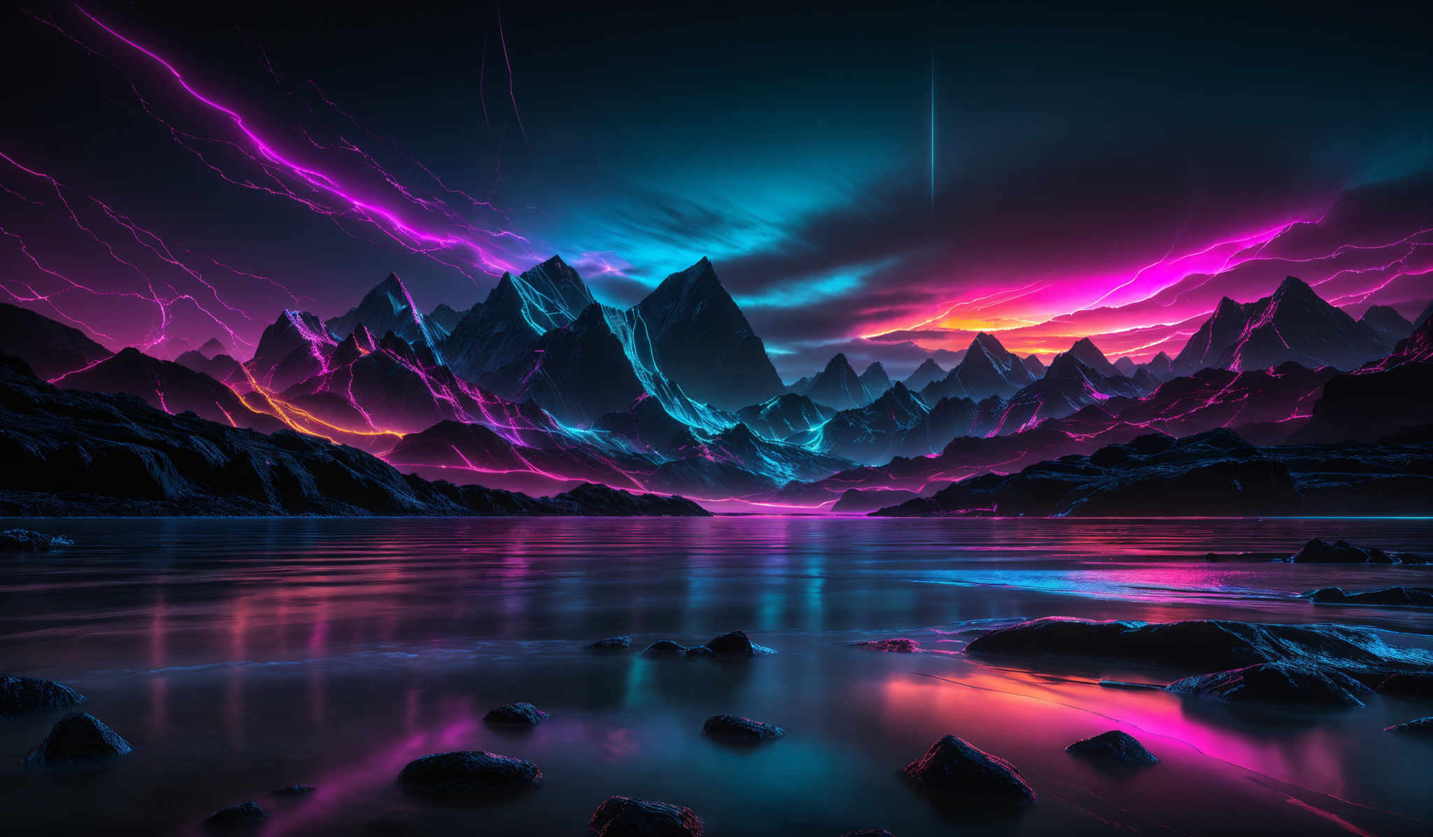 The image showcases a vibrant and dramatic landscape. The dominant colors are shades of purple, blue, and pink, with streaks of neon-like white lightning crisscrossing the sky. The mountains in the background are sharp and jagged, with their peaks illuminated by the ethereal light. The foreground features a serene body of water, reflecting the colors of the sky and the silhouette of the mountains. There are scattered rocks on the water's surface, and the entire scene is bathed in a surreal, otherworldly glow.