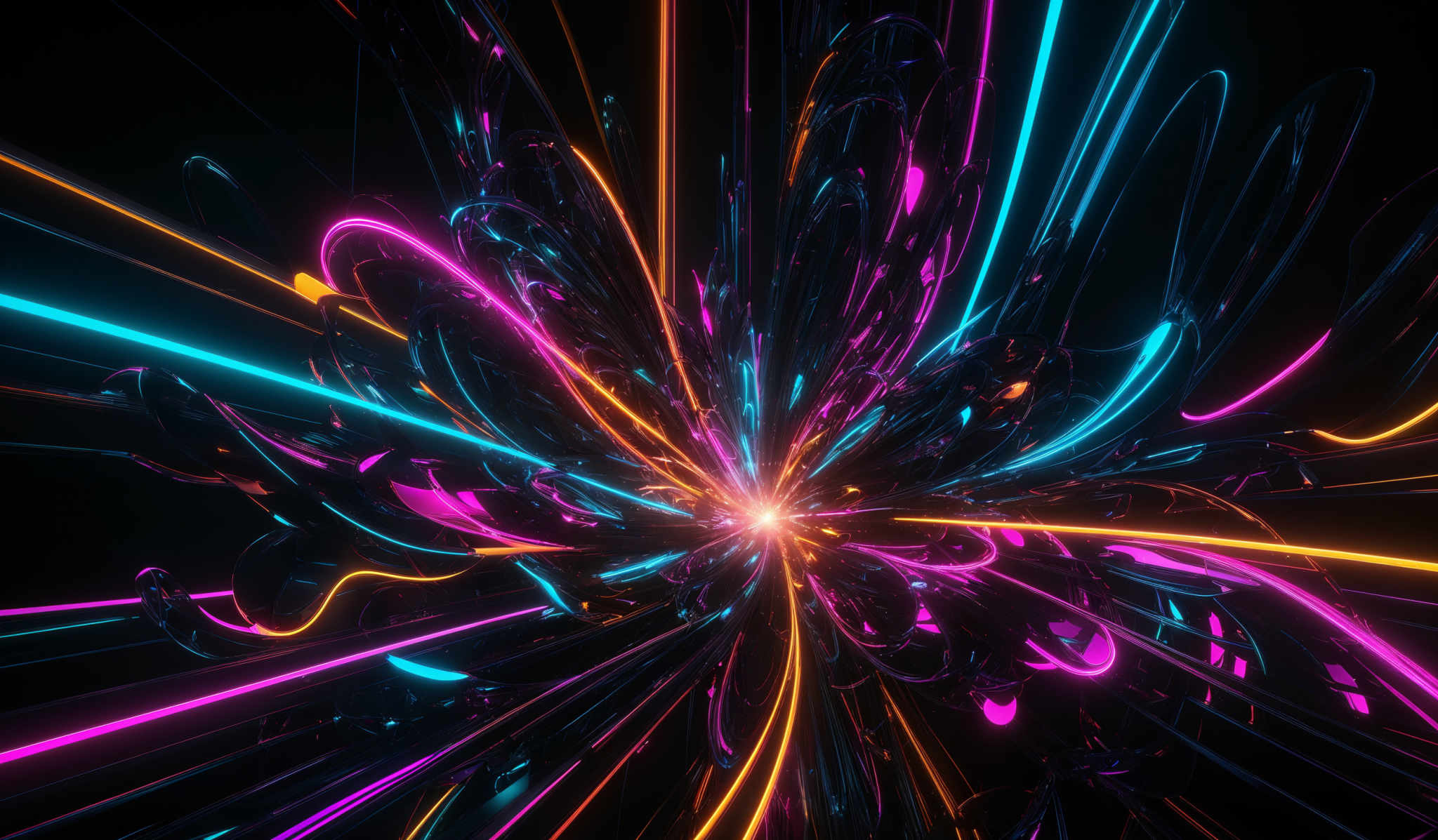 The image showcases a vibrant and dynamic digital artwork. It features a burst of colorful lines and curves that radiate outwards from a central point. The predominant colors are neon shades of pink, blue, and orange. The shapes are fluid and organic, resembling tendrils or streams of energy. The overall effect is reminiscent of a digital explosion or a burst transmission.