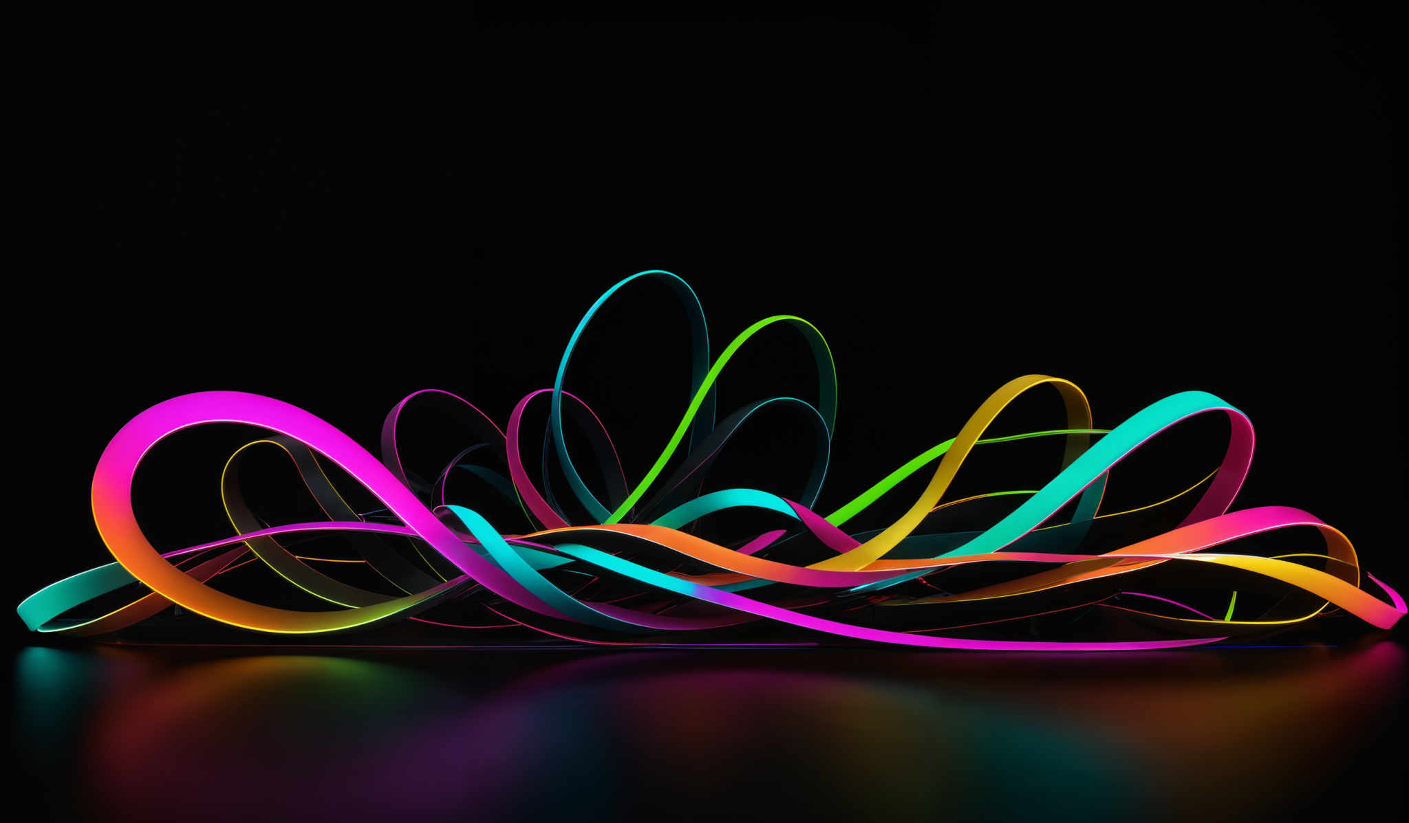 The image showcases a vibrant and dynamic composition of intertwined ribbon-like structures in a variety of colors. These structures are fluidly intertwining and overlapping, creating a sense of movement and energy. The colors range from bright neon shades like pink, green, and blue to more subdued hues like teal and orange. The shapes are abstract and organic, reminiscent of twisting and turning ribbons or tendrils. The background is dark, which accentuates the vivid colors of the structures and gives the image a sense depth and dimension.