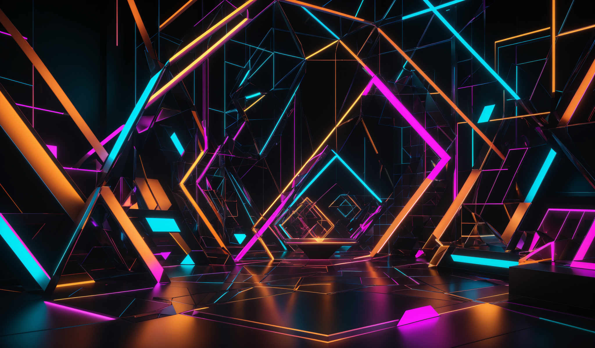 The image showcases a vibrant and dynamic digital artwork. It features a chaotic interplay of geometric shapes, predominantly triangles, forming intricate patterns. These triangles are illuminated with neon colors such as pink, blue, and orange, creating a vivid contrast against the dark background. The overall design gives an impression of a futuristic or cybernetic environment, reminiscent of virtual reality or cyberspace aesthetics.