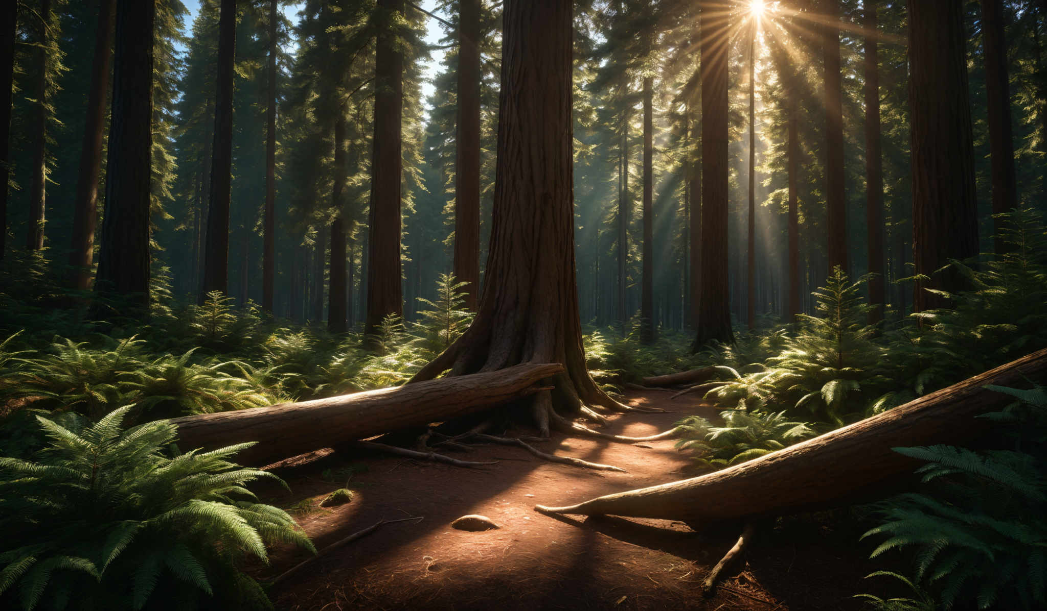 The image showcases a serene forest scene with tall, slender trees, possibly conifers, reaching upwards. The sun's rays pierce through the canopy, casting a warm, golden hue over the scene. The forest floor is covered with ferns and fallen logs, and there's a dirt path meandering through the center. The overall color palette is dominated by greens from the foliage and browns from the tree trunks and the ground.