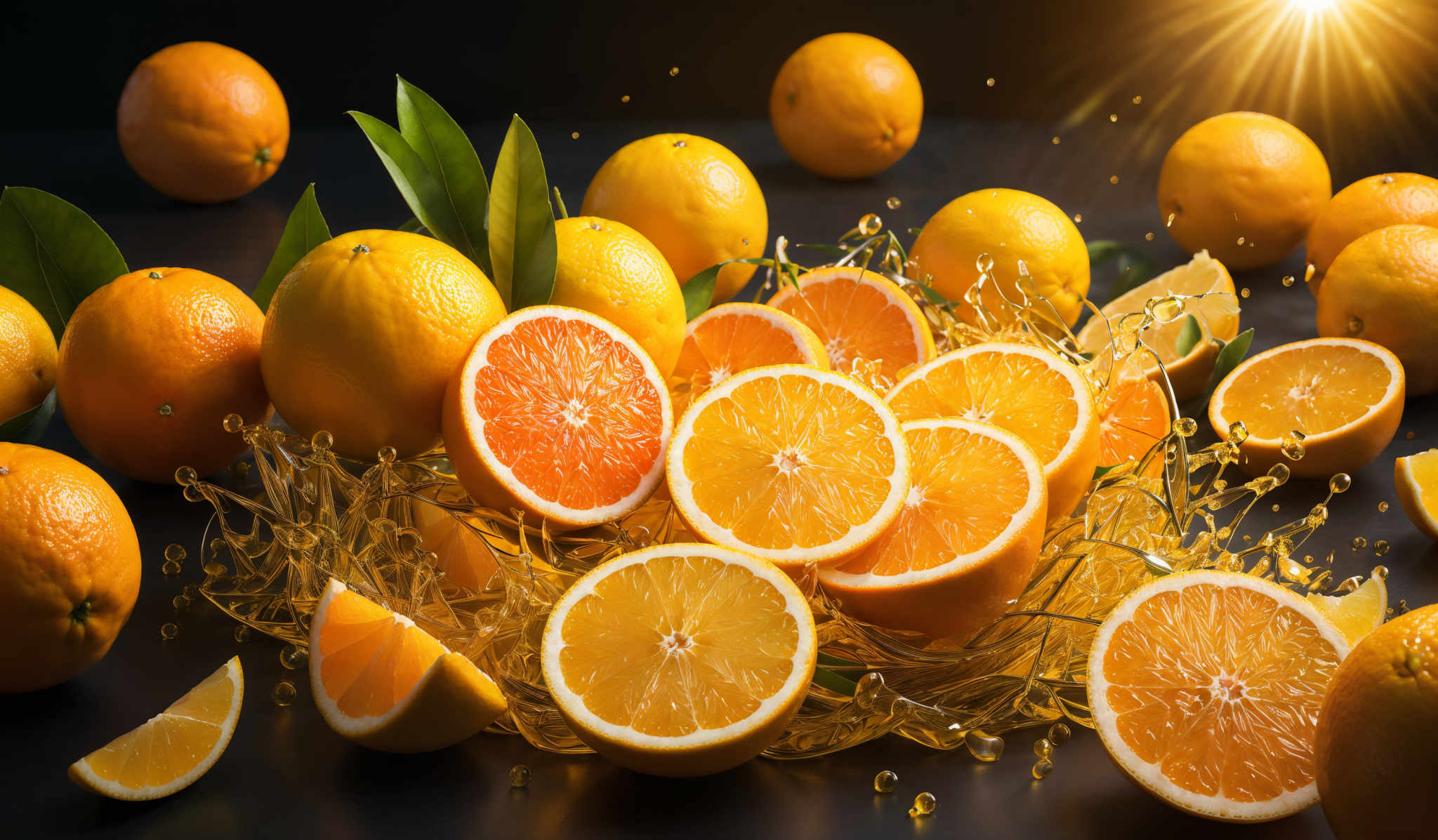 The image showcases a variety of citrus fruits, predominantly oranges and lemons. The oranges are whole and sliced, revealing their vibrant orange flesh and white pith. The lemons are also whole and cut, displaying their bright yellow inner flesh. The fruits are surrounded by water droplets, creating a splash effect. The background is dark, which accentuates the bright colors of the fruits and the liquid. There are also green leaves interspersed among the fruity arrangement.