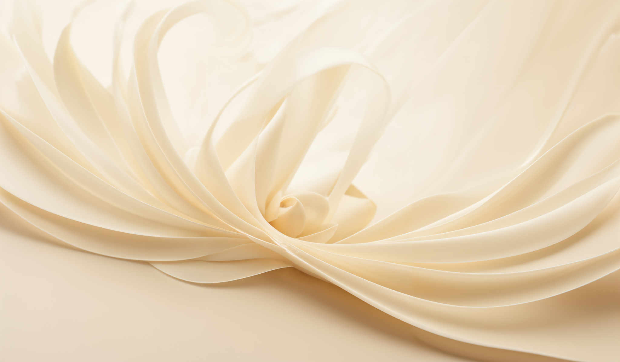 The image showcases a delicate and intricate arrangement of light-colored, possibly cream or beige, ribbon-like structures. These structures are curled and intertwined, creating a beautiful and flowing pattern. The color palette is soft and neutral, with the ribbons appearing smooth and lustrous. The overall shape and design give a sense of elegance and sophistication.