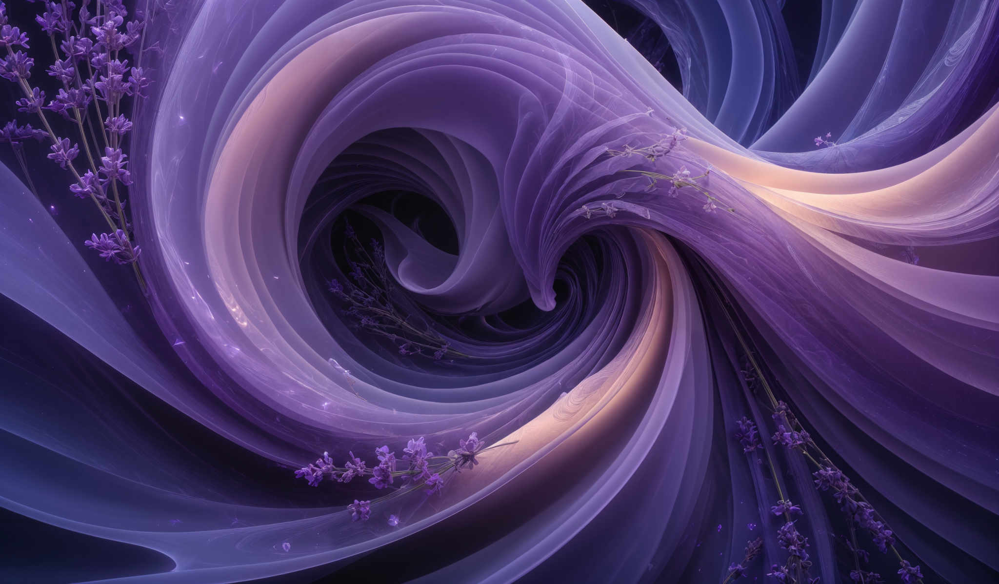 The image showcases a mesmerizing swirl of colors, predominantly shades of purple, blue, and a hint of gold. The swirls are fluid and smooth, resembling flowing fabric or waves. Interspersed within the swirls, there are delicate clusters of purplish flowers, adding a touch of nature to the abstract design. The overall effect is both ethereal and captivating, as the colors and shapes intertwine and converge in a harmonious dance.