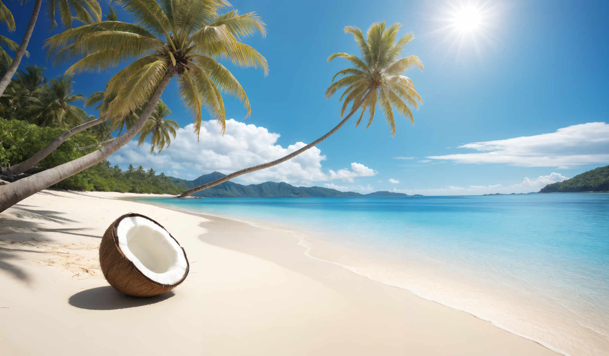 The image showcases a pristine tropical beach scene. The dominant colors are the clear blue of the sky and the ocean, the golden hue of the sandy beach, and the green of the palm trees. The beach is bordered by calm, clear waters that gently lap at the shore. In the foreground, there's a coconut half, its white flesh contrasting with the brown husk. The palm tree in the center leans slightly, its long trunk stretching towards the sky. The background reveals a mountainous landscape, and further in the distance, there are other islands or landforms. The sun shines brightly from the top right corner, casting its rays and creating a serene ambiance.