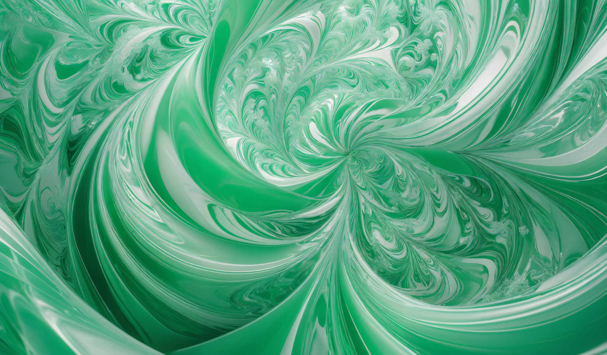 The image showcases a vibrant and intricate design with swirling patterns. The dominant colors are various shades of green, ranging from light to dark. The shapes are fluid and organic, resembling swirls and spirals that converge towards the center. The design gives an impression of movement and dynamism, as if the colors and shapes are flowing and intertwining with each other.