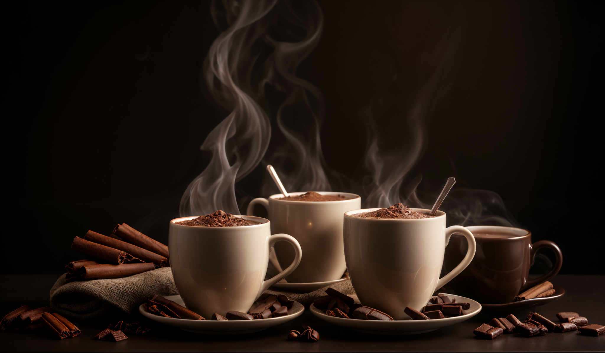 The image showcases three mugs filled with a hot beverage, possibly hot chocolate or coffee. The mugs are white and brown, placed on saucers. The beverage inside the mugs is dark, possibly chocolaty, and is topped with a sprinkle of cocoa powder or some kind of crushed ingredient. Steam is rising from the mug, indicating that the beverage is hot. Surrounding the muls are cinnamon sticks, chococolate pieces, and a dark cloth. The background is dark with a subtle gradient, emphasizing the steam and the muted colors of the beverages and surroundings.