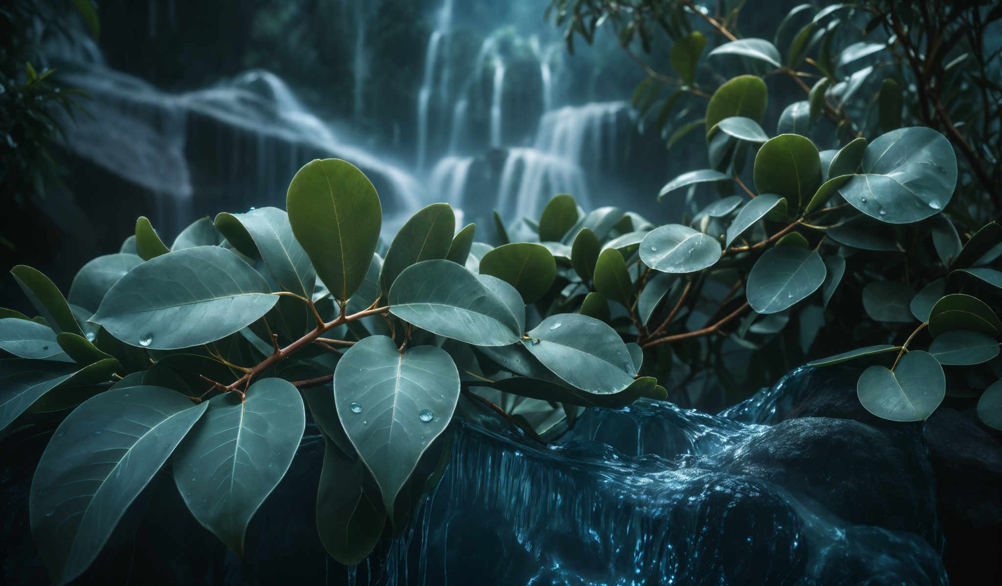 The image showcases a serene natural setting. The dominant colors are various shades of green from the leaves and a deep blue from the water. The leaves are large, glossy, and have a slightly waxy texture. They are arranged in a cluster, with some overlapping each other. The water appears to be flowing gently, creating a smooth surface with ripples. In the background, there's a blurred view of what seems to be a waterfall or cascade, adding to the tranquility of the scene.