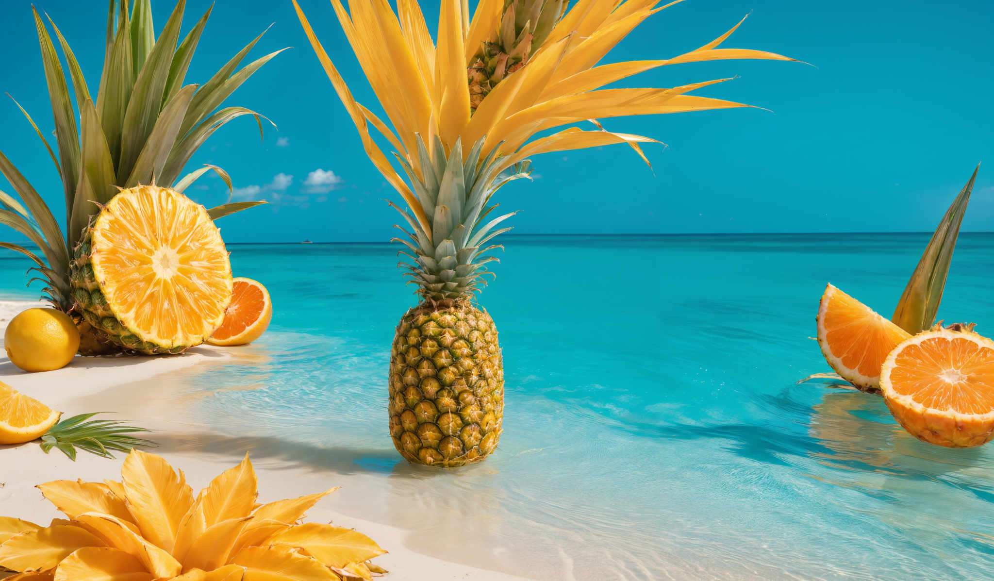 The image showcases a vibrant tropical setting with clear blue skies and turquoise waters. Dominating the foreground are various fruits and plants. There's a pineapple with its top cut off, revealing the juicy yellow interior. Beside it, there's an orange, cut in half, displaying its bright orange interior. The sandy beach is adorned with a few slices of the orange and a few leaves. In the background, the ocean extends to meet the horizon, and the sky is clear with a hint of clouds.