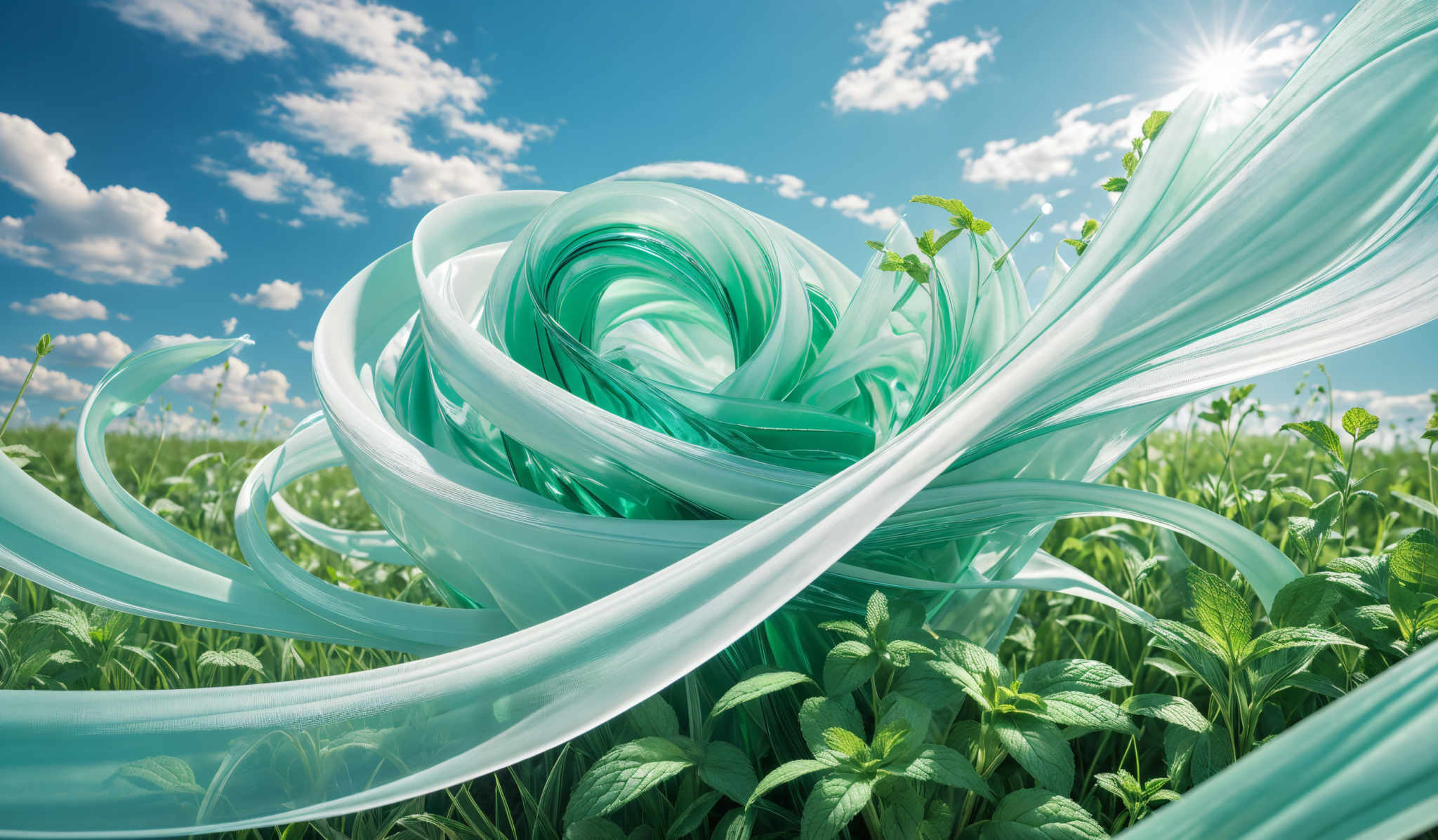 The image showcases a vibrant and dynamic scene. The dominant colors are various shades of green, representing the lush vegetation, and a clear blue sky with white clouds. The shape is intricate and swirling, resembling a large, flowing ribbon or fabric that's been twisted and twirled into a spiral. This spiral is intertwined with the green plants, giving the impression that the plants are emerging from or being wrapped by this ribbon-like structure. The sun is shining brightly in the sky, casting a radiant glow and creating a sunburst effect.