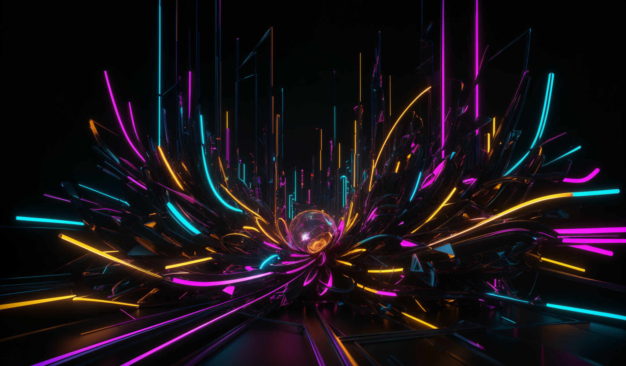 The image showcases a dynamic and vibrant digital artwork. It features a myriad of neon-colored lines and shapes, predominantly in shades of pink, blue, and yellow. These lines and curves seem to emanate from a central point, creating an explosion of colors and forms. The overall design gives an impression of a digital or virtual environment, possibly representing a futuristic or cybernetic theme.