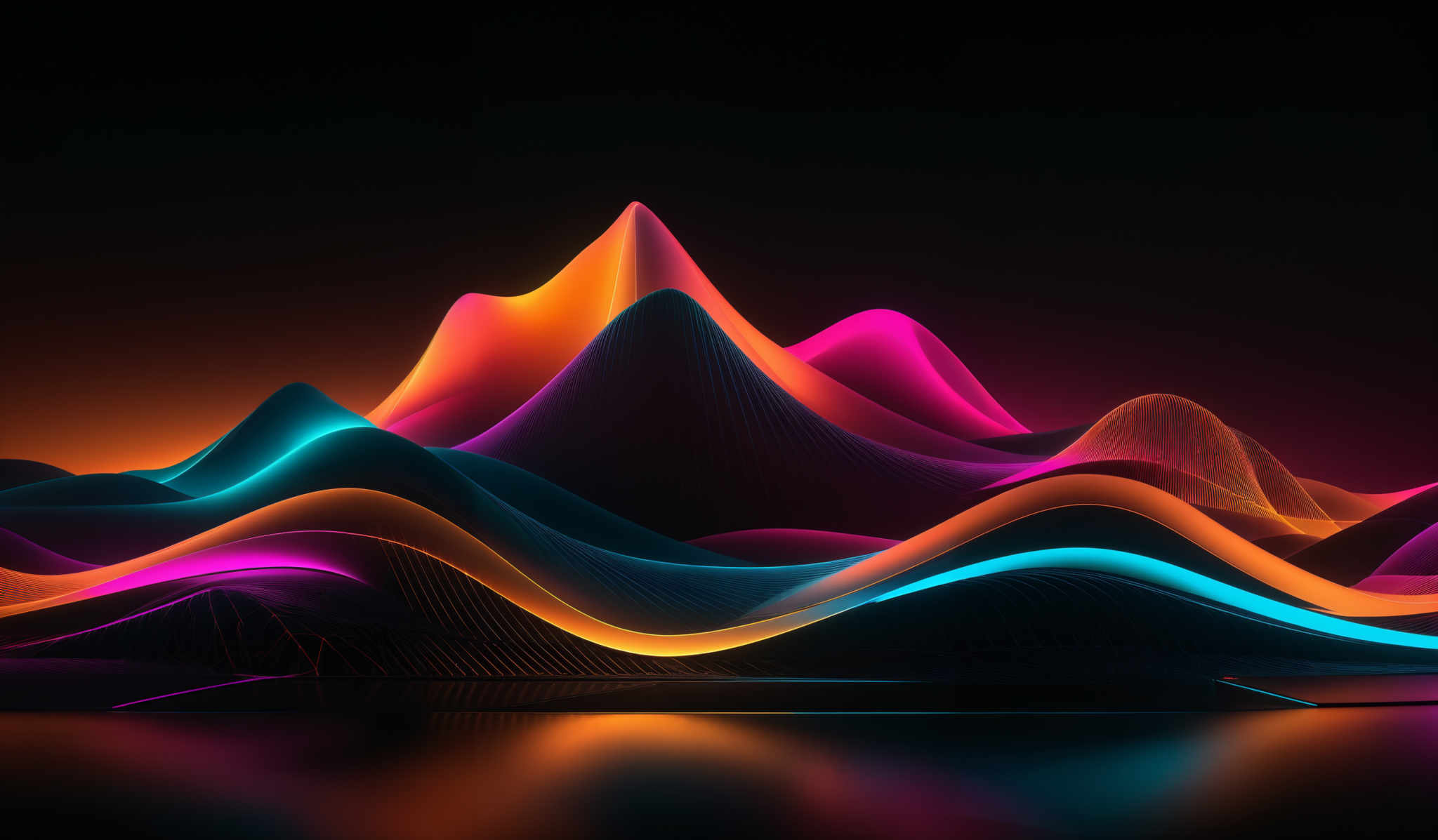 The image showcases a vibrant and dynamic digital artwork. It features a series of intertwined, wavy lines and curves in a range of neon colors including pink, blue, orange, and purple. The shapes resemble mountains or peaks, with the neon lines giving them a glowing, luminescent appearance. The background is dark, which accentuates the brightness of the colors. The overall effect is both mesmerizing and modern, reminiscent of digital landscapes or abstract representations of natural terrains.