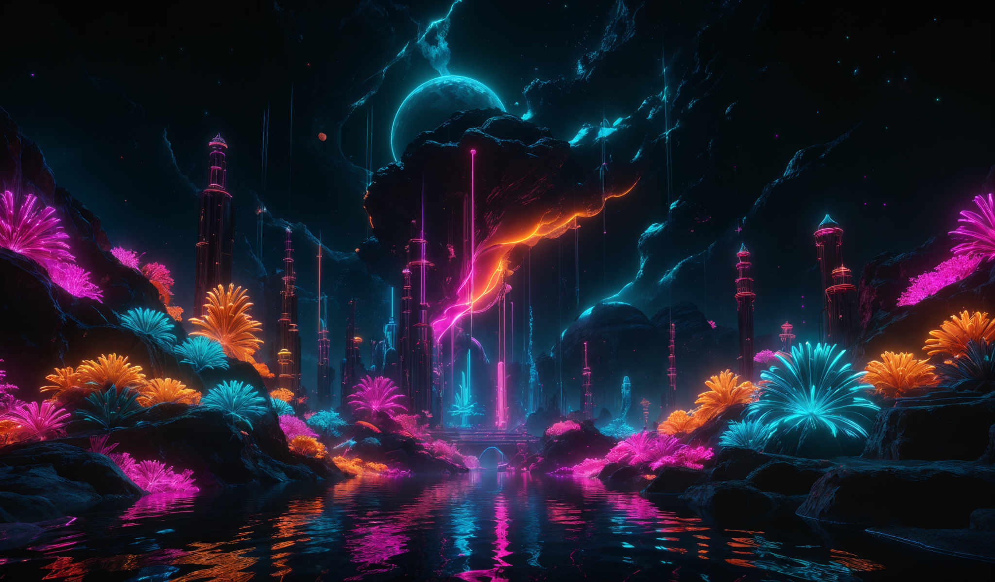 The image showcases a vibrant and surreal landscape. Dominated by deep blues and neon hues, the scene features towering structures that resemble futuristic towers or spires. These structures are illuminated with bright neon lights, casting a radiant glow against the dark backdrop. The landscape is adorned with colorful flora, including plants that emit a luminescent pink and orange glow. The water below reflects the colors and lights of the surroundings, creating a mirror-like effect. Above, the sky is filled with swirling clouds and celestial bodies, adding to the otherworldly ambiance of the scene.