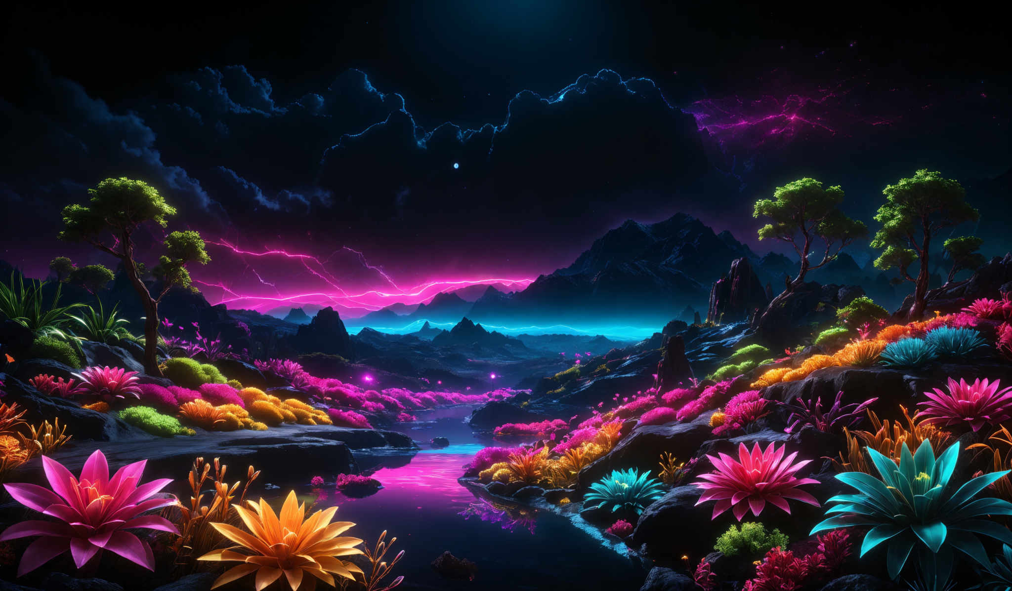 The image showcases a vibrant and surreal landscape. The sky is dominated by dark clouds with hints of purple and pink lightning. Below, there's a serene body of water reflecting the colors of the sky. The landscape is adorned with a variety of colorful flowers, ranging from pink, orange, and blue to green. There are also unique rock formations and trees, some of which have luminescent properties. The entire scene is bathed in a mix of dark and neon colors, creating a dreamlike atmosphere.