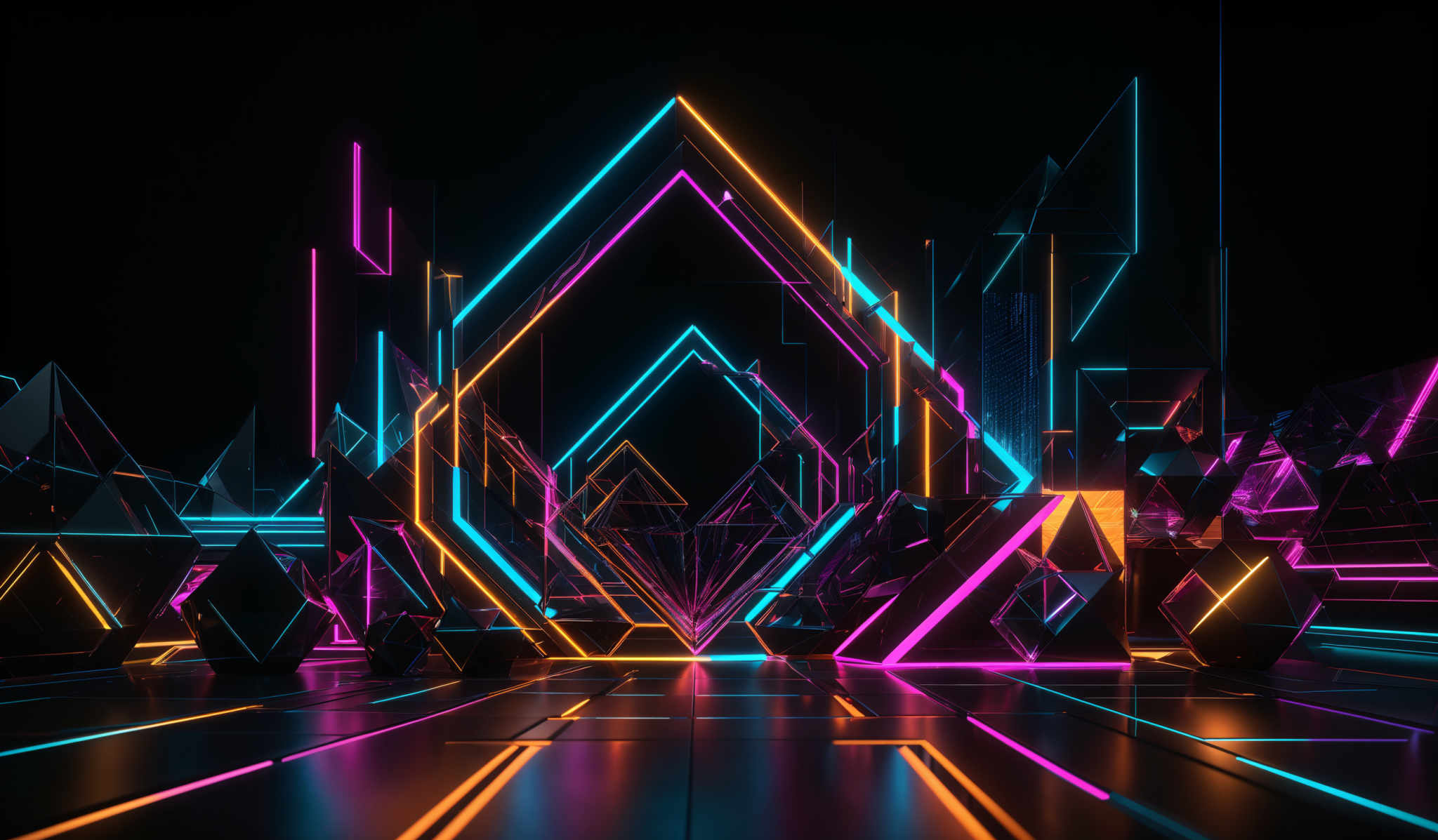 The image showcases a vibrant and dynamic digital artwork. It features geometric shapes, predominantly triangles, that are illuminated with neon colors such as pink, blue, and yellow. The triangles are set against a dark background, creating a contrast that accentuates their glow. The artwork gives an impression of a futuristic or cyberpunk theme, with the neon lights suggesting a virtual or digital environment.