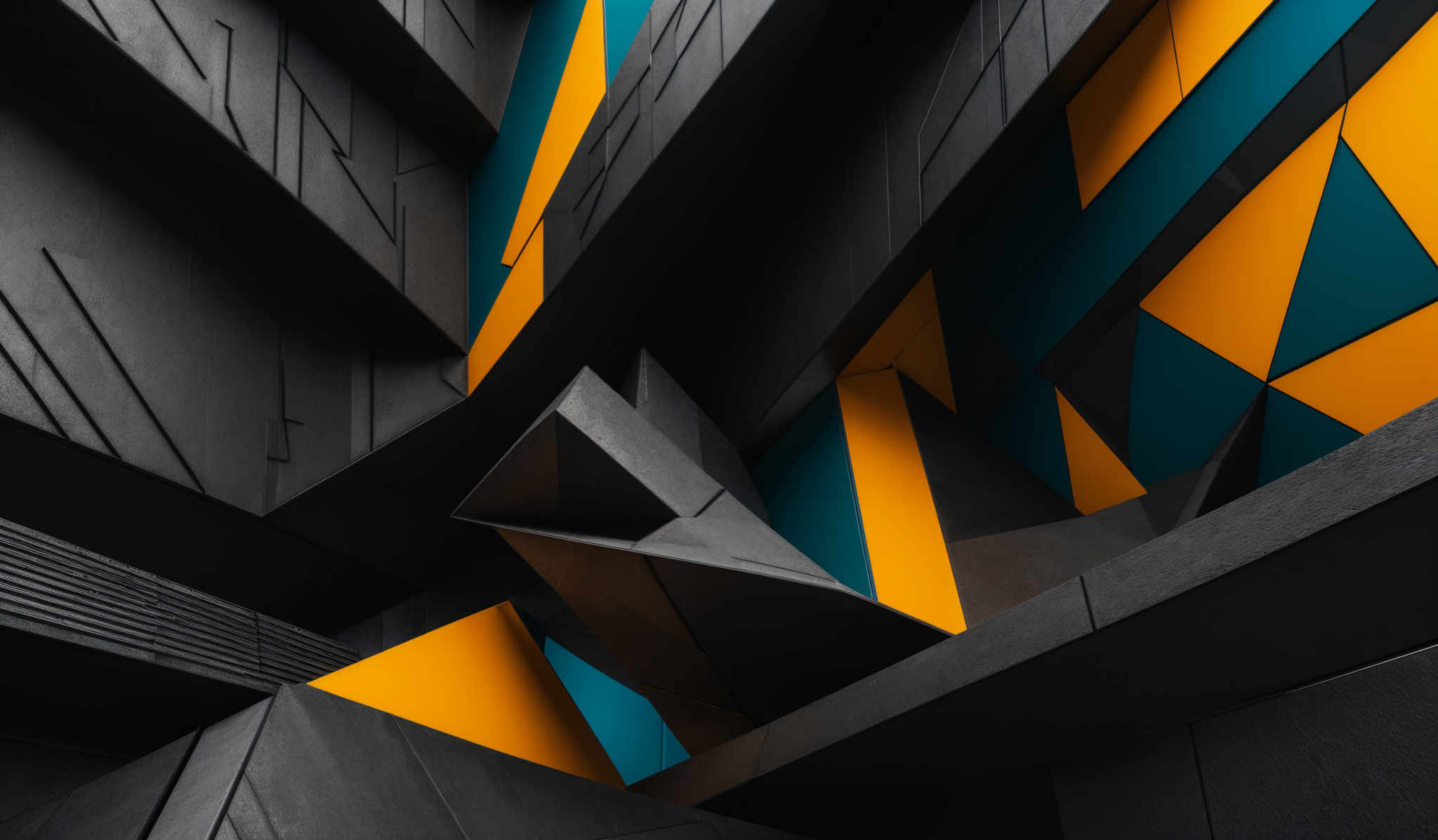 The image showcases a modern architectural design with sharp, angular structures. The dominant colors are shades of gray, teal, and yellow. The gray forms the backdrop, with teal and yellow geometric shapes, including triangles and rectangles, prominently displayed. The design appears to be a fusion of industrial and contemporary aesthetics, with the use of matte finishes and bold color contrasts.