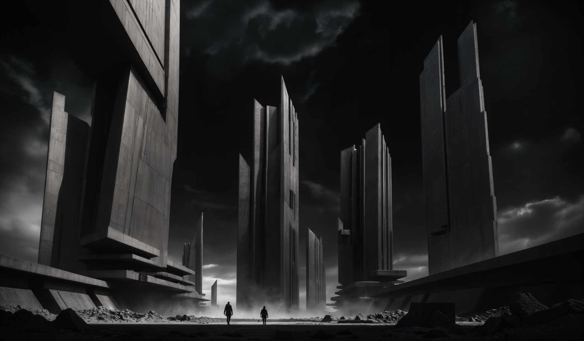 The image is in black and white, showcasing a futuristic cityscape. Dominating the scene are tall, sleek skyscrapers with sharp, angular designs. The buildings appear to be made of a reflective material, as they shimmer under the light. The sky is filled with dark, ominous clouds, suggesting an impending storm or a post-apocalyptic setting. In the foreground, there are two figures walking towards the viewer, adding a sense of scale to the massive structures. The ground is littered with debris and rubble, hinting at recent destruction or ongoing construction.