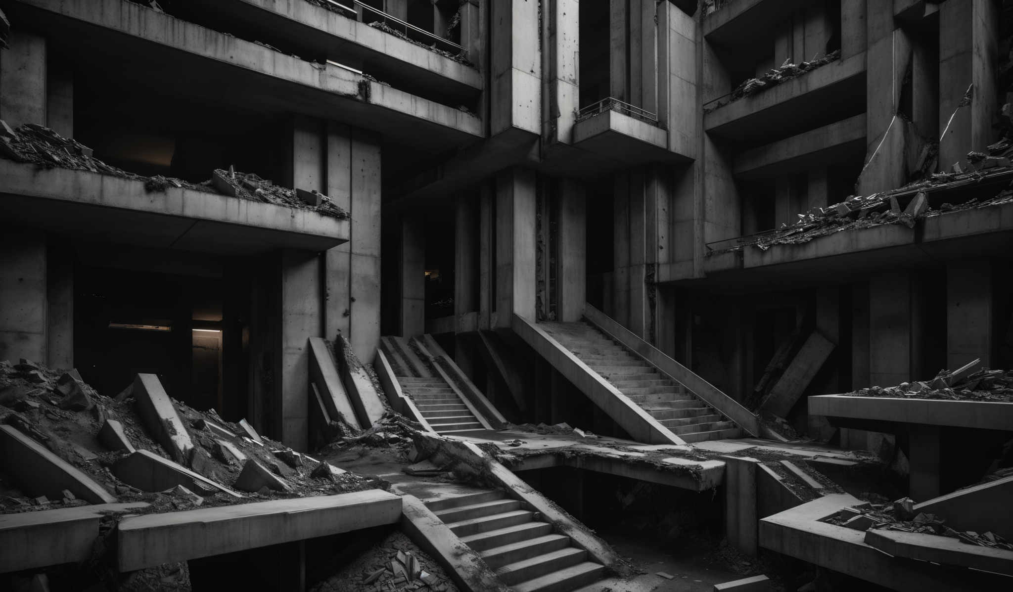 The image showcases a monochromatic, possibly grayscale, depiction of a dilapidated architectural structure. The predominant shapes are rectangular and angular, with multiple levels of platforms, staircases, and balconies. The structures appear to be made of concrete or a similar material, and they are in a state of disrepair with broken walls, debris scattered around, and missing sections. The overall atmosphere is somber and evokes a sense of decay or abandonment.