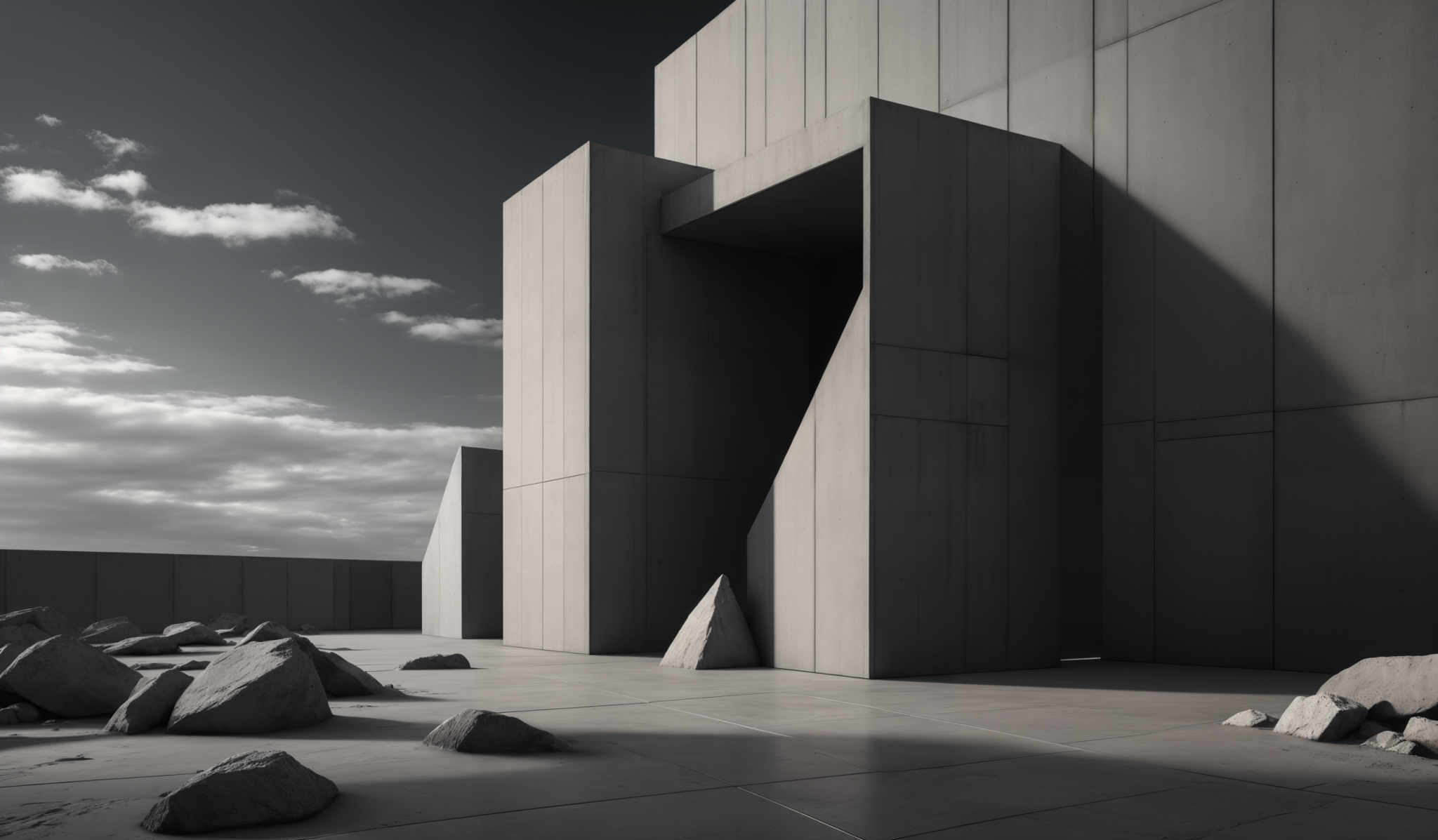 The image showcases a monochromatic scene with predominantly grayscale tones. The architecture consists of large, geometric structures, possibly made of concrete or a similar material. These structures have sharp angles and are characterized by their rectangular and angular forms. The ground is also made of a similar gray material, with scattered rocks and a clear distinction between the architectural elements and the natural landscape. The sky above is filled with fluffy white clouds against a dark backdrop, suggesting either early morning or late afternoon lighting.