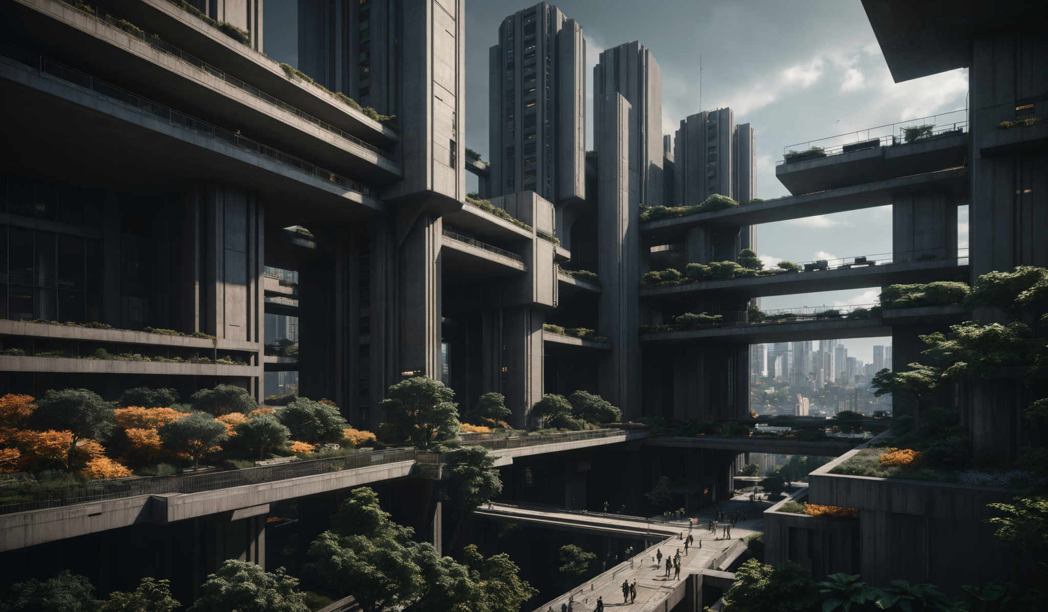 The image showcases a modern architectural design with tall, vertical structures. The predominant color is a muted gray, characteristic of concrete or stone constructions. The buildings have multiple levels, with some featuring balconies adorned with green plants. The design is reminiscent of brutalist architecture, but with a touch of greenery, suggesting an eco-friendly approach. The skyline in the background is dotted with other skyscrapers, indicating a bustling urban environment.