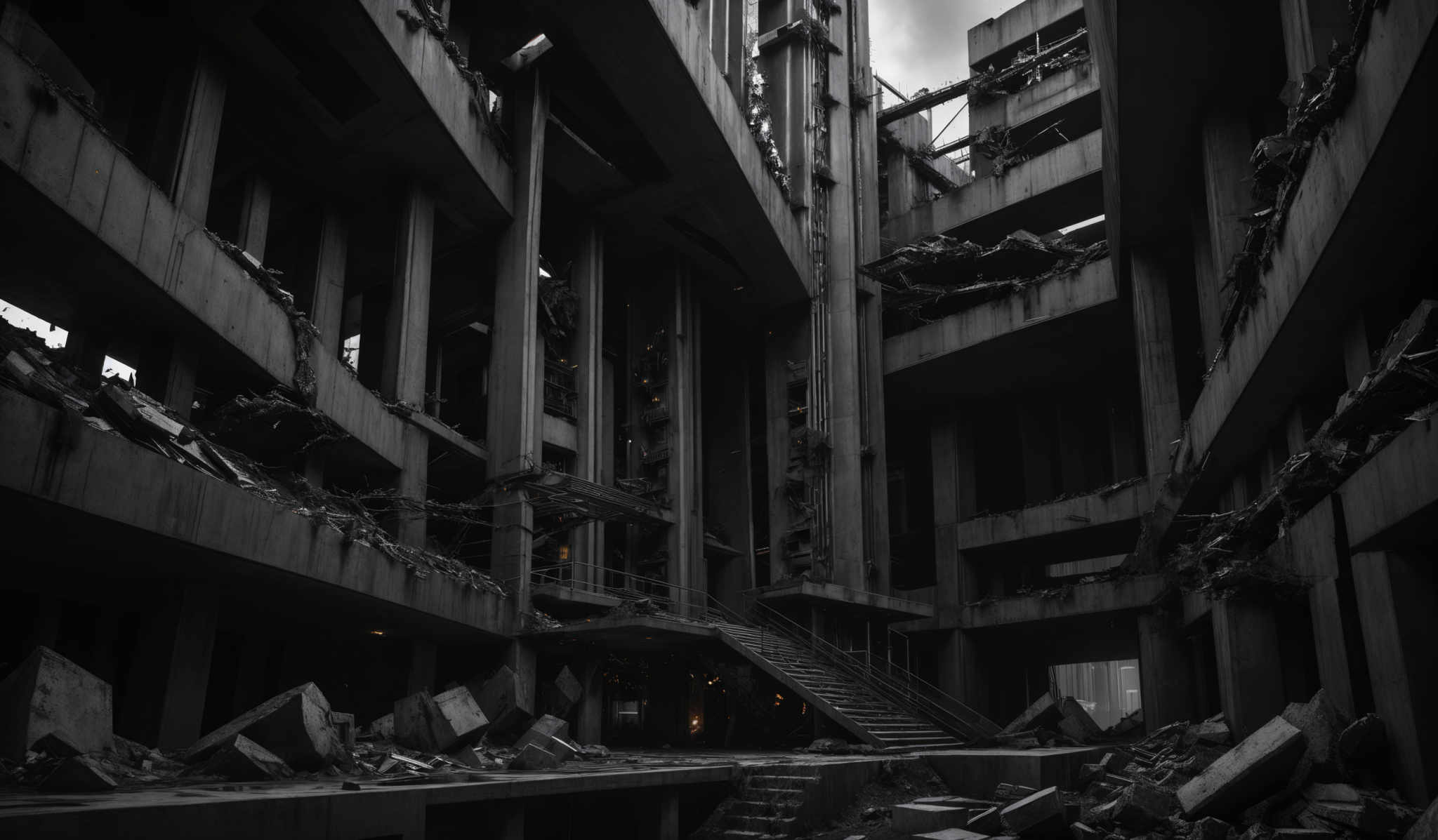 The image predominantly features shades of gray, black, and white, giving it a monochromatic appearance. The architecture is characterized by tall, vertical structures, reminiscent of skyscrapers or high-rise buildings. These structures have multiple levels, with some appearing to be damaged or in a state of decay. Rubble and debris are scattered throughout the scene, suggesting a recent disaster or abandonment. The overall mood conveyed by the image is one of desolation and decay.