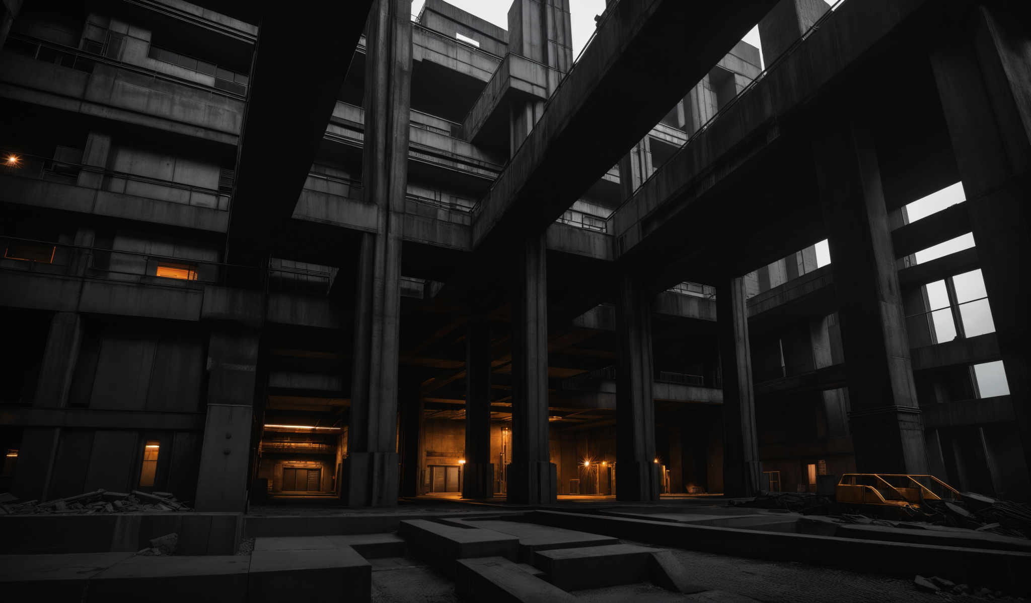 The image showcases a dark, industrial-looking architectural space. The predominant colors are shades of gray and black, giving it a somber and moody ambiance. The space is characterized by tall, imposing columns and beams that crisscross, forming a maze-like structure. The ground is uneven with concrete blocks and debris scattered around. There are illuminated areas, possibly indicating windows or openings, casting a warm yellow glow. In the foreground, there's a yellow vehicle, possibly a forklift, which adds a contrasting pop of color to the otherwise monochromatic scene.