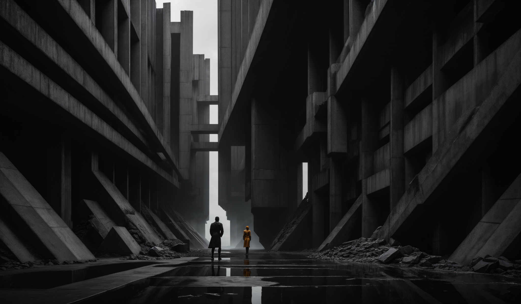 The image showcases a monochromatic palette with predominant shades of gray and black. The architecture is characterized by tall, imposing concrete structures with sharp angles and geometric shapes. These structures create a maze-like corridor with multiple levels and pathways. The ground appears wet, reflecting the structures above. In the foreground, there are two figures: one wearing a long coat and the other in a bright yellow outfit. The contrast between the two figures and the surrounding environment adds a dramatic effect to the scene.