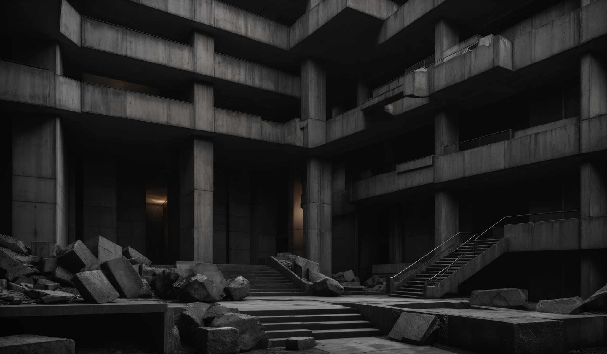 The image showcases a dark, moody architectural setting. The predominant colors are shades of gray, black, and white. The architecture features tall, rectangular concrete structures with multiple levels, interconnected by staircases. There are scattered chunks of concrete on the ground, suggesting some form of destruction or deconstruction. The overall ambiance is somber, with the play of light and shadow adding depth and drama to the scene.