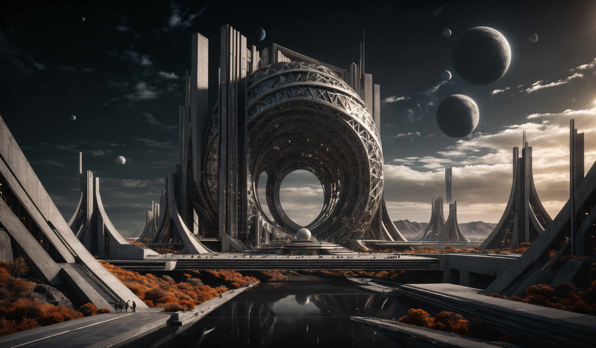 The image showcases a futuristic cityscape with towering skyscrapers and intricate architectural designs. The dominant colors are shades of gray, white, and brown, with a touch of orange from the trees. The city is surrounded by a vast expanse of water, and in the sky, there are multiple celestial bodies, including planets and moons, adding to the otherworldly ambiance. The architecture is sleek and modern, with sharp angles and curves, and the central structure has a large, circular opening, possibly a portal or an entrance.