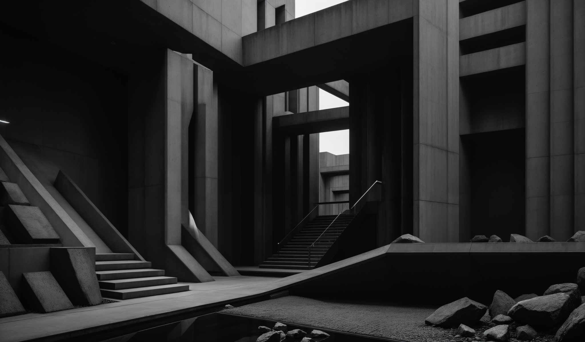 The image is in black and white, showcasing an architectural space with tall, rectangular structures. The predominant shapes are geometric, with sharp angles and straight lines. The space is adorned with large pillars, staircases, and platforms. The ground is scattered with rocks and there's a reflective pool in the foreground. The lighting is dramatic, casting shadows and highlighting the textures of the concrete and stone.