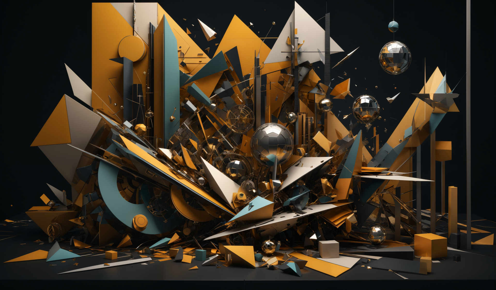 The image showcases a chaotic and abstract arrangement of geometric shapes. The dominant colors are shades of orange, teal, and gray. The shapes include triangles, rectangles, and spheres, all intermingled in a complex and dynamic composition. Some of the shapes are fragmented, with parts of them appearing to be broken off and floating in the space. There are also reflective surfaces, such as the shiny spheres and some metallic elements, adding depth and dimension to the scene.