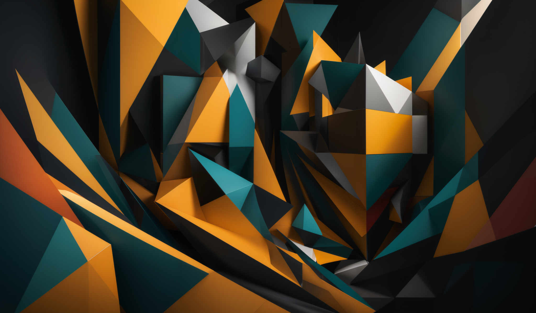 The image showcases a vibrant and dynamic composition of geometric shapes. The dominant colors are shades of orange, teal, and black. The shapes are predominantly triangular, forming an intricate and overlapping pattern. The interplay of these shapes creates a sense of depth and dimension, giving the image a modern and abstract feel.