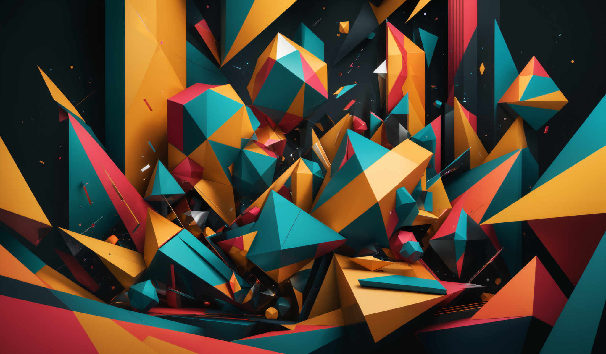 The image showcases a vibrant and dynamic 3D geometric composition. It features a myriad of sharp, angular shapes in various sizes and orientations. The predominant colors are shades of blue, yellow, and red, creating a visually striking contrast against a dark background. The shapes are intricately intertwined, giving an impression of chaos yet order. There are also small particles or fragments scattered throughout, adding depth and dimension to the scene.