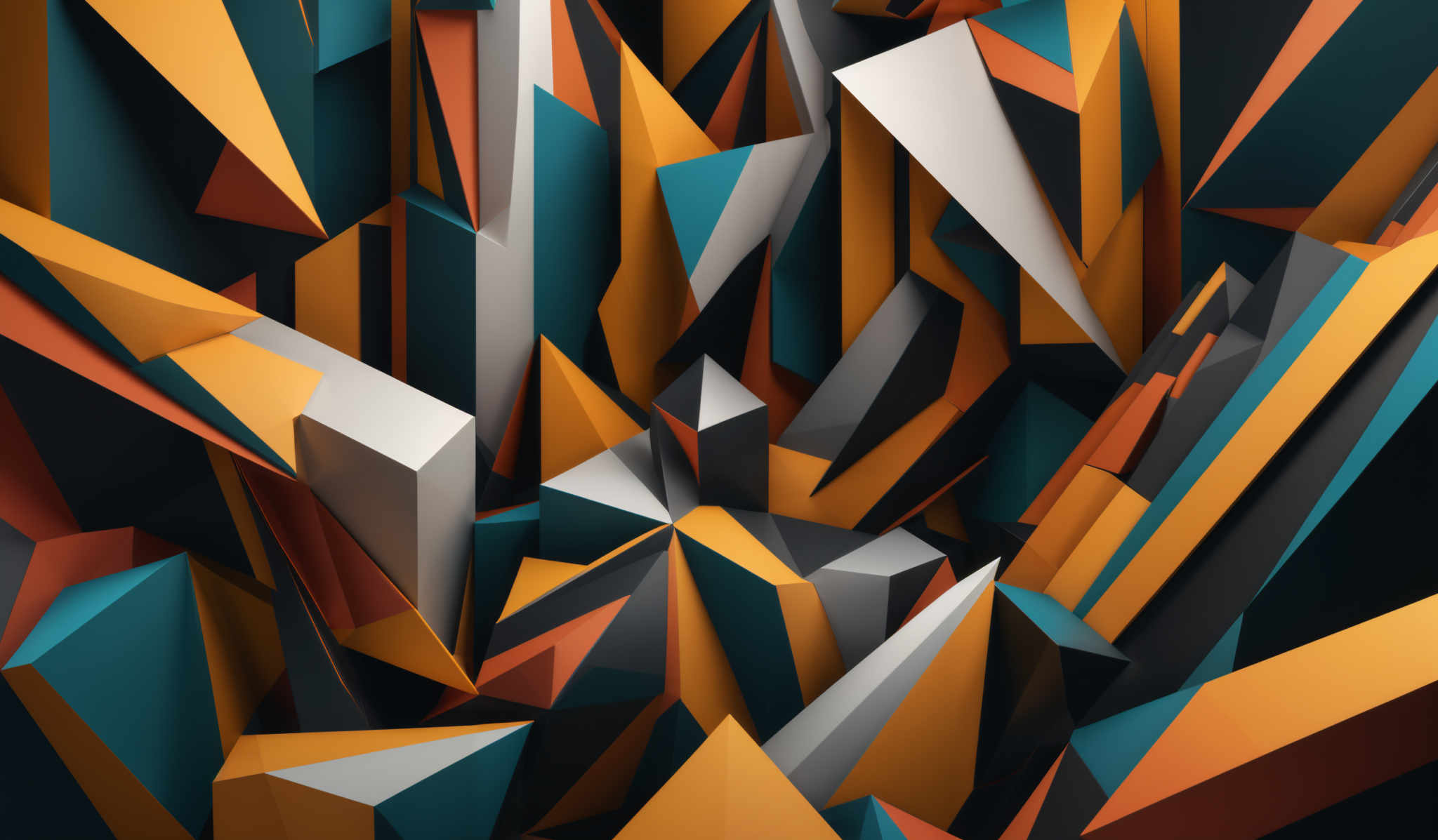 The image showcases an abstract 3D geometric design. It features sharp, angular shapes in various sizes and orientations. The dominant colors are shades of orange, teal, white, and gray. The design appears chaotic yet structured, with overlapping and intertwining edges, creating a dynamic and visually stimulating effect.