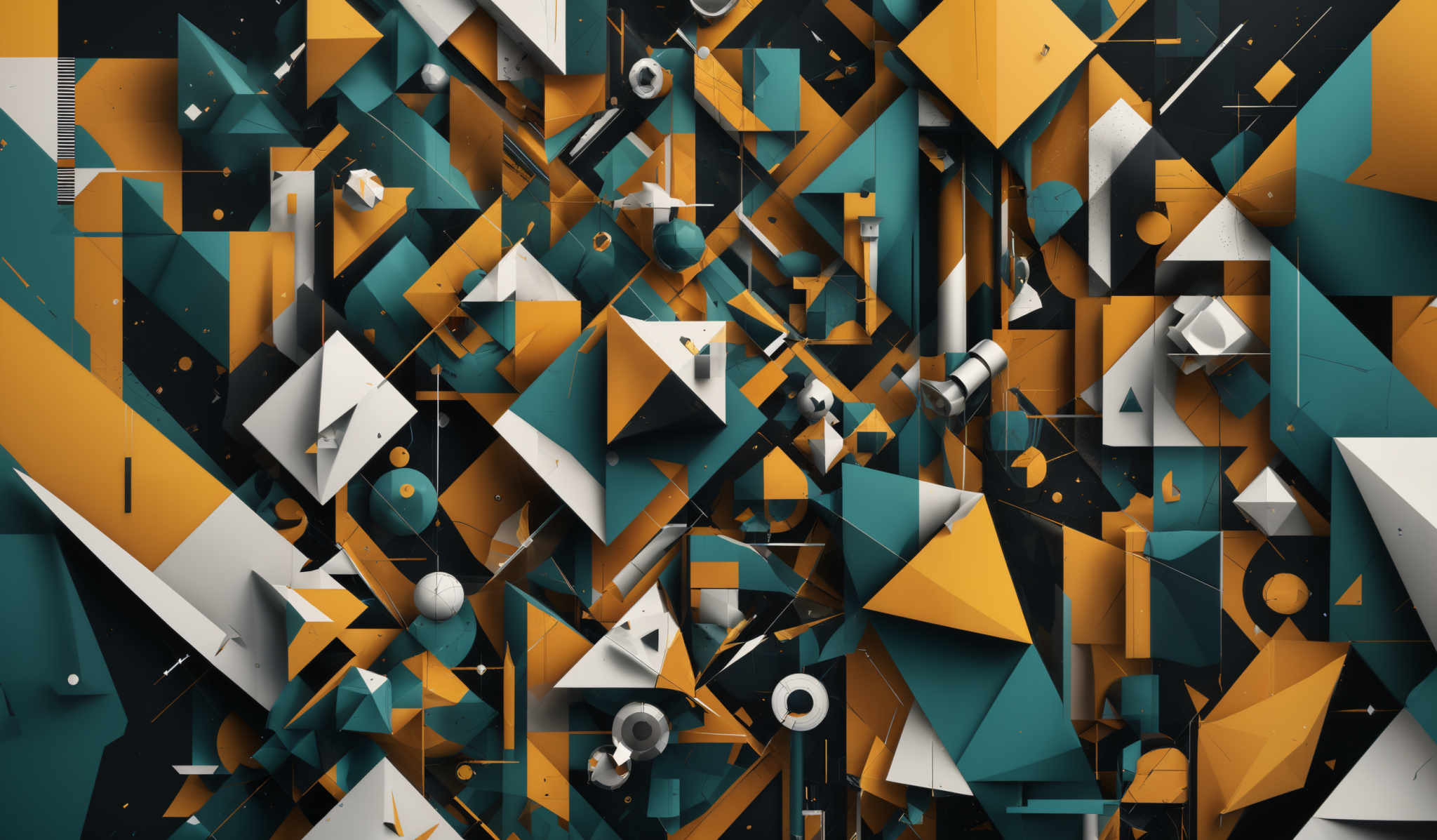 The image showcases a complex and vibrant geometric composition. It predominantly features various shapes like triangles, squares, and circles, intertwined in a chaotic yet harmonious manner. The colors are a mix of teal, orange, white, and black, creating a visually striking contrast. The composition is filled with intricate details, such as small circles, lines, and other geometric elements, giving it a 3D effect.