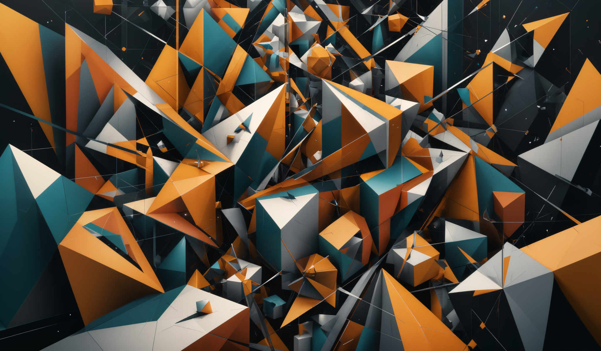 The image showcases a complex geometric design with a myriad of triangles and sharp edges. The predominant colors are shades of orange, teal, and white. The shapes are predominantly triangular, with some having multiple facets and angles. The design appears chaotic yet structured, with lines connecting various points, suggesting a network or interconnectedness among the shapes.