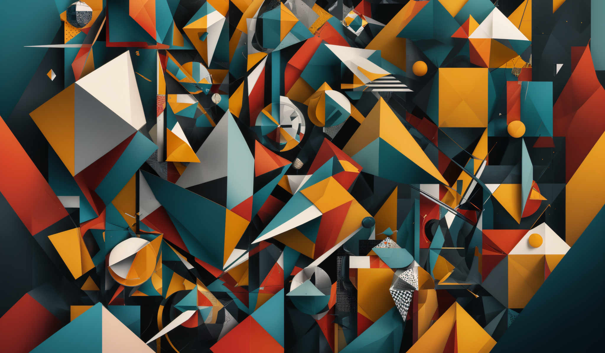 The image showcases an abstract composition of various geometric shapes, predominantly triangles and rectangles. These shapes are rendered in a vibrant palette of colors, including shades of blue, orange, yellow, and white. The composition is chaotic yet harmonious, with overlapping and intertwining geometric forms. Some of the shapes have patterns or textures on them, adding depth and complexity to the overall design.