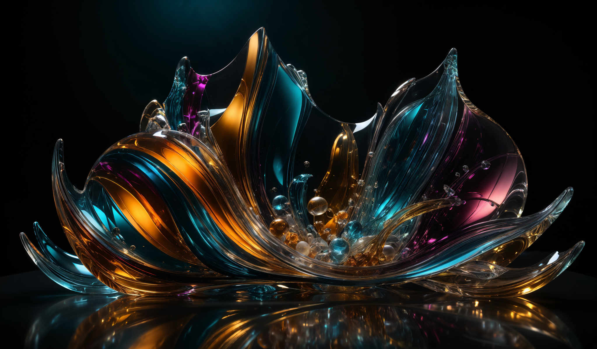 The image showcases a vibrant and intricate sculpture made of what appears to be glass or a similar translucent material. The sculpture is shaped like a series of overlapping, curved forms that resemble abstract flames or waves. These forms are adorned with a myriad of colors including deep blues, vibrants oranges, and purples. The center of the sculpture has smaller, spherical elements that reflect light, giving them a glowing appearance. The entire piece is set against a dark background, which accentuates the luminosity and colors of the structure.