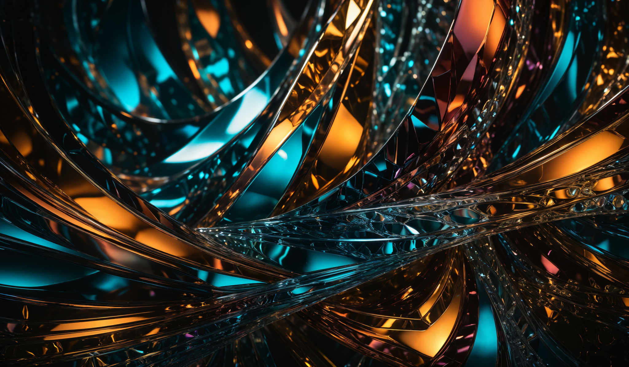 The image showcases an intricate and dynamic interplay of colors and shapes. It features swirling patterns of reflective surfaces, predominantly in hues of blue, gold, and hints of purple. The shapes resemble intertwined ribbons or waves, creating a sense of movement and fluidity. The reflective properties of the surfaces give the image a shimmering, almost glass-like quality, with reflections of the colors and patterns creating a mesmerizing effect.