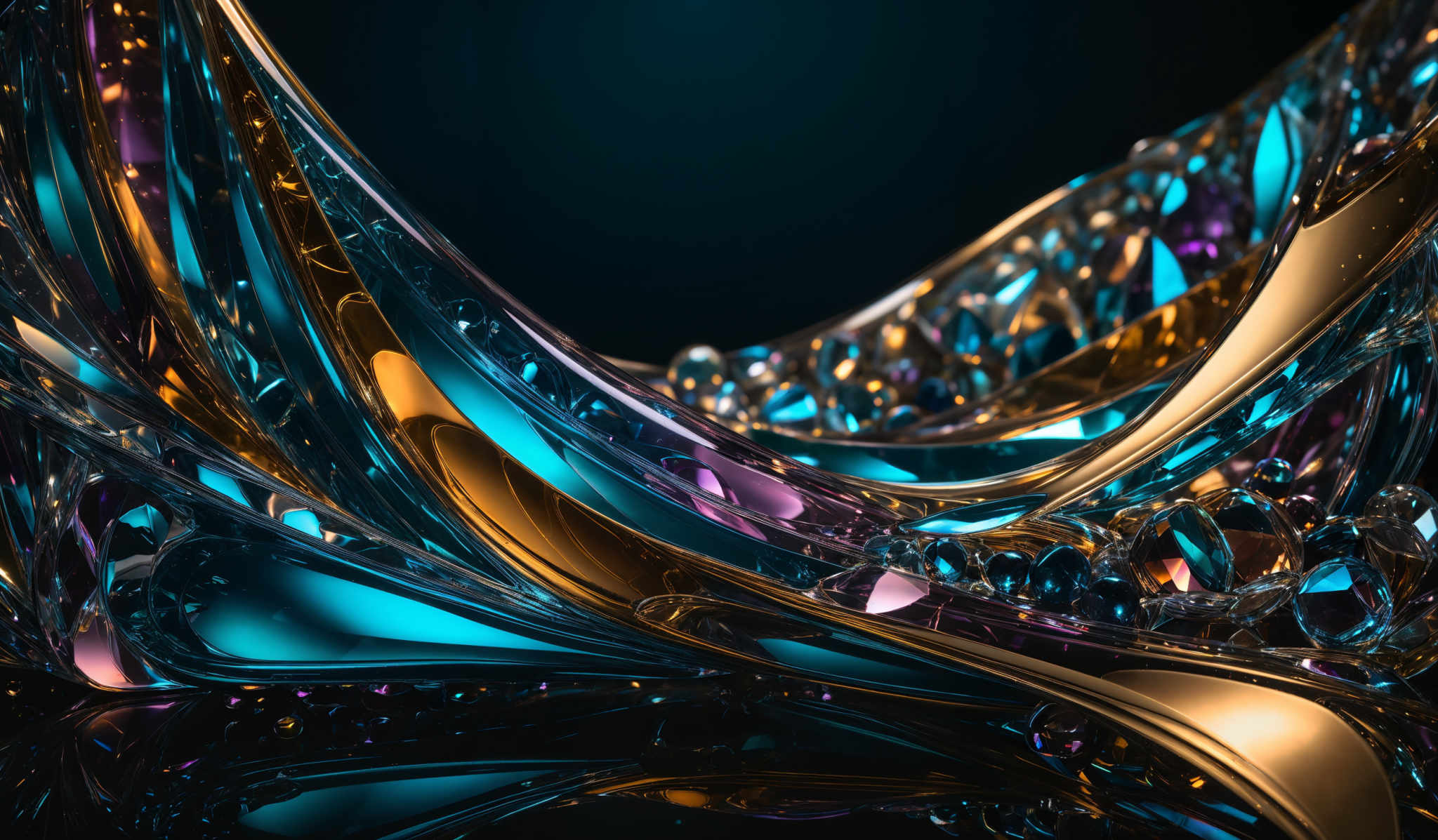 The image showcases a vibrant and intricate design of intertwined shapes, predominantly in hues of blue, gold, and purple. The shapes appear to be made of a glossy, reflective material, reminiscent of glass or crystal, and they are arranged in a swirling pattern. The design is set against a dark background, which accentuates the luminosity and vibrancy of the colors.