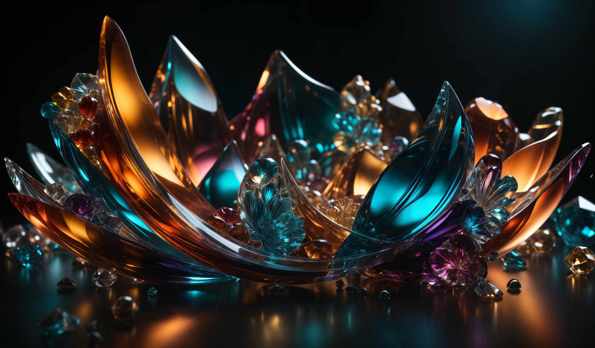 The image showcases a collection of vibrant, translucent crystals and shapes that appear to be made of glass or a similar material. They come in a variety of colors including blue, gold, purple, and amber. The shapes are intricate, with some resembling leaves, while others have a more abstract, flowing form. The crystalline structures reflect light in a way that creates a shimmering effect, and they are set against a dark background, making them stand out prominently.