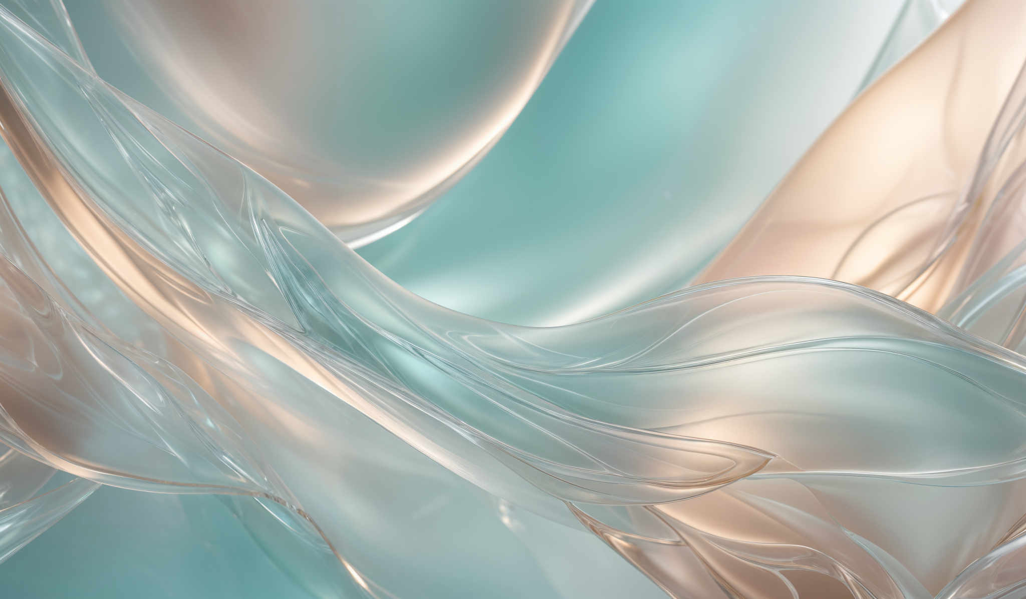 The image showcases a visually captivating abstract design. It predominantly features a blend of soft teal and light beige hues. The shapes are fluid and wavy, resembling flowing fabric or liquid. The design is intricate, with overlapping patterns and swirls, creating a sense of depth and movement.