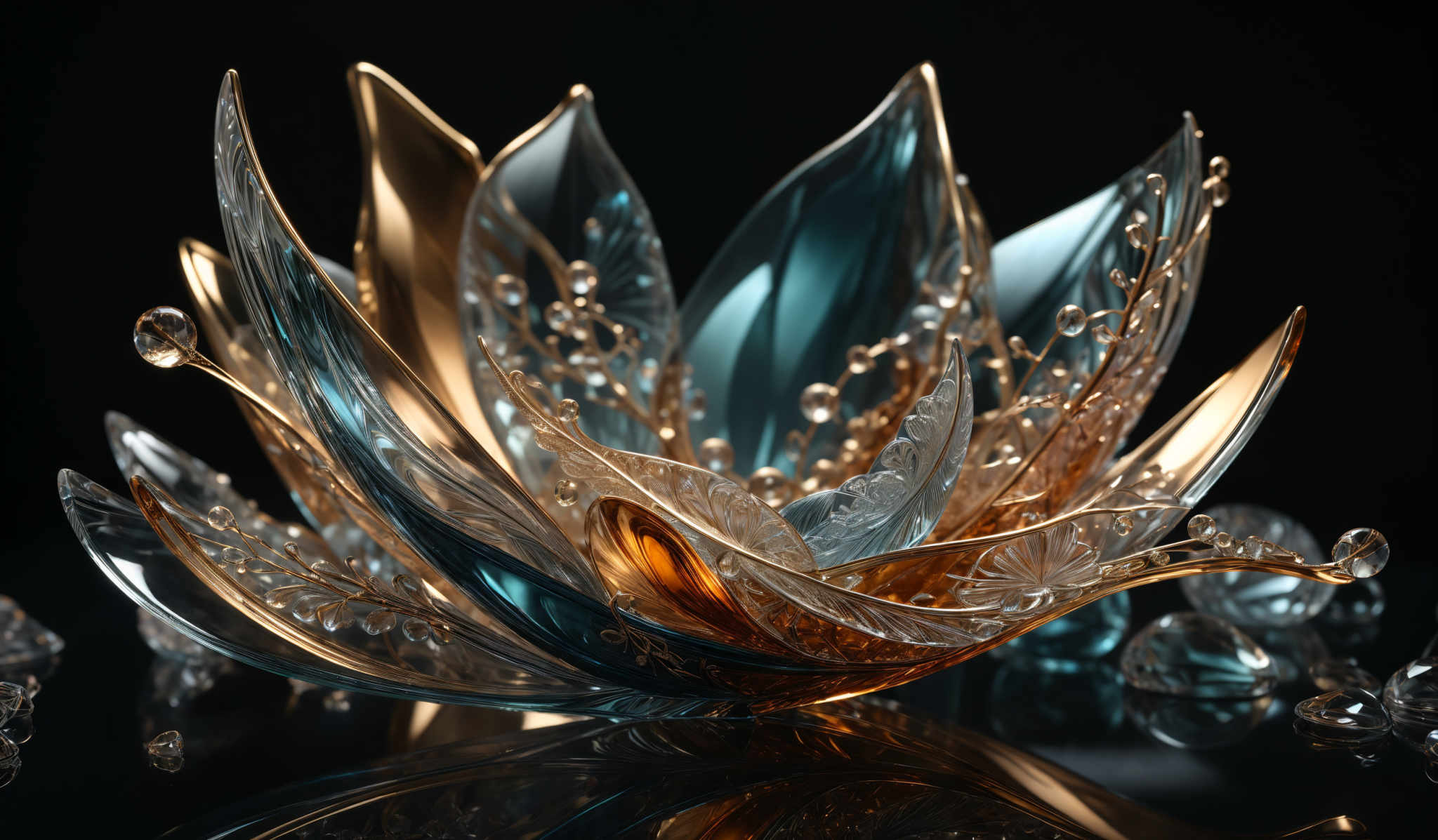 The image showcases a beautifully crafted, glass-like structure that resembles a flower or petal. It is predominantly in shades of blue and gold, with intricate patterns and details. The petals are layered and have a reflective quality, capturing the light beautifully. There are also smaller, spherical elements interspersed throughout, possibly representing beads or droplets. The background is dark, which accentuates the luminosity and colors of the structure.