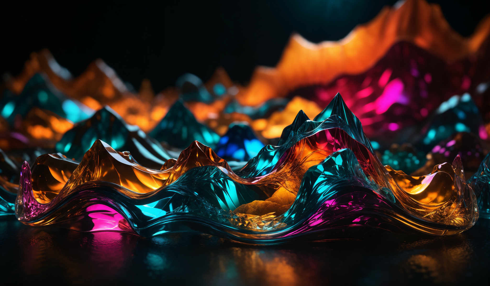 The image showcases a vibrant and intricate landscape of crystalline structures. These structures are multi-colored, with hues of blue, orange, pink, and gold. They appear to be made of a glossy material, reflecting light in various ways. The shapes are varied, with some resembling sharp peaks and others having more wavy and flowing forms. The overall ambiance of the image is both mesmerizing and dreamlike, with the colors and shapes creating a sense of depth and dimension.