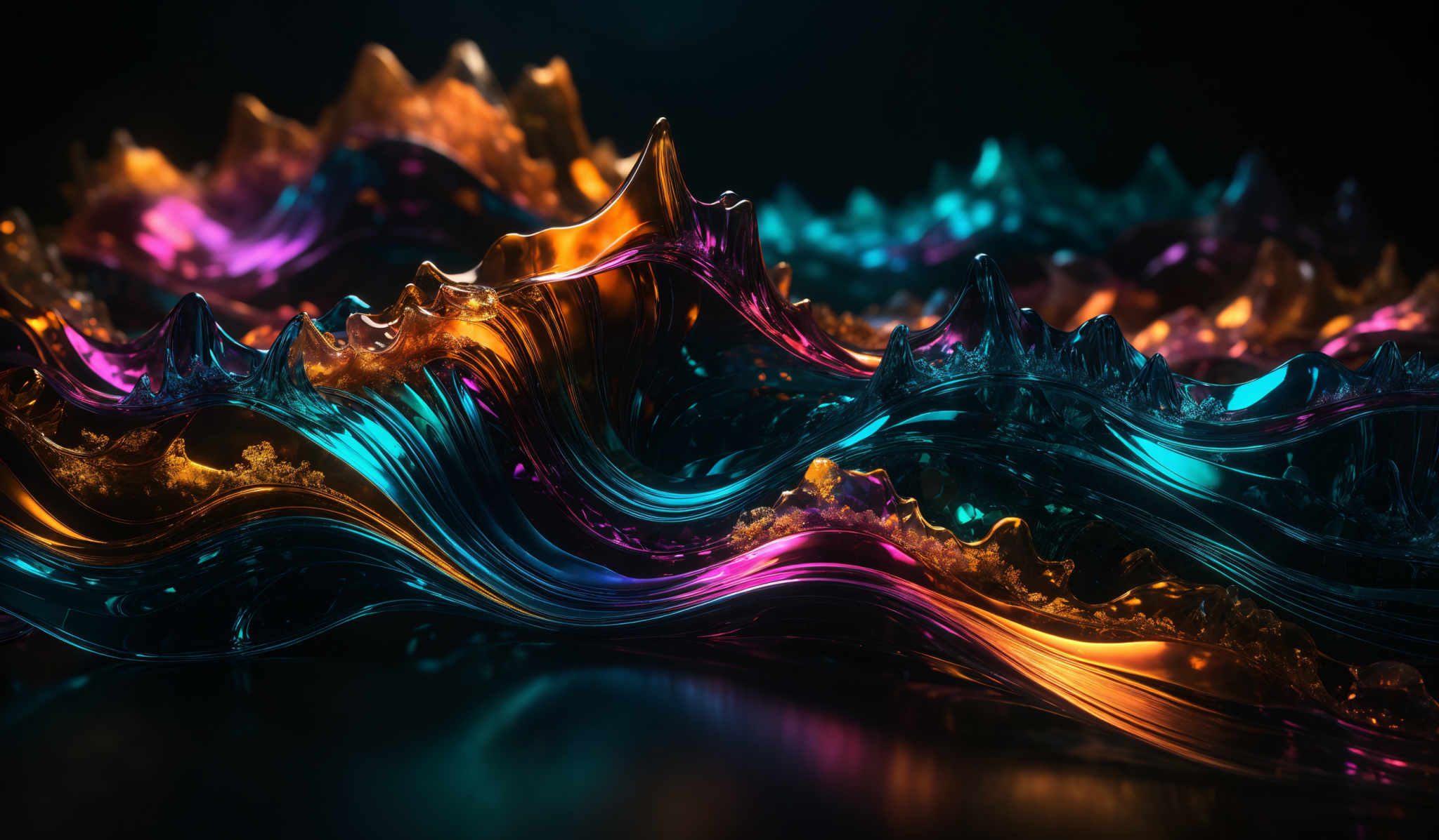 The image showcases a vibrant and intricate design with a mix of colors. The dominant colors are shades of blue, pink, and gold. The shapes are reminiscent of crystalline structures, with sharp peaks and valleys. The design appears to be fluid in nature, with wavy patterns and swirls, giving it a dynamic and almost liquid appearance.