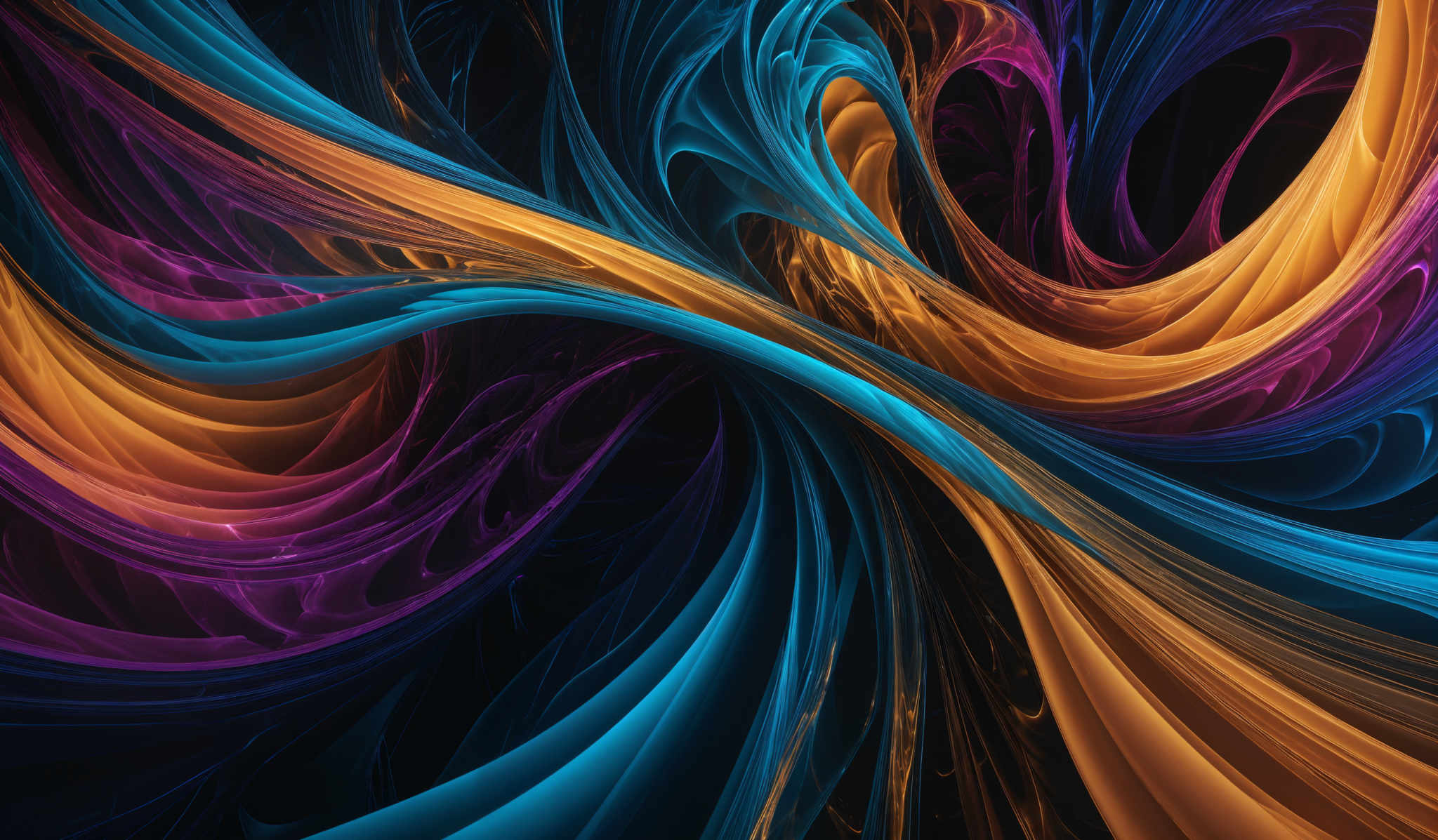 The image showcases a vibrant and dynamic abstract design. It features a myriad of colors, including deep blues, fiery oranges, and electric purples. The shapes are fluid and wavy, resembling swirling patterns or flowing liquids. The interplay of these colors and shapes creates a visually captivating and mesmerizing effect, reminiscent of a mix of watercolors and digital art.