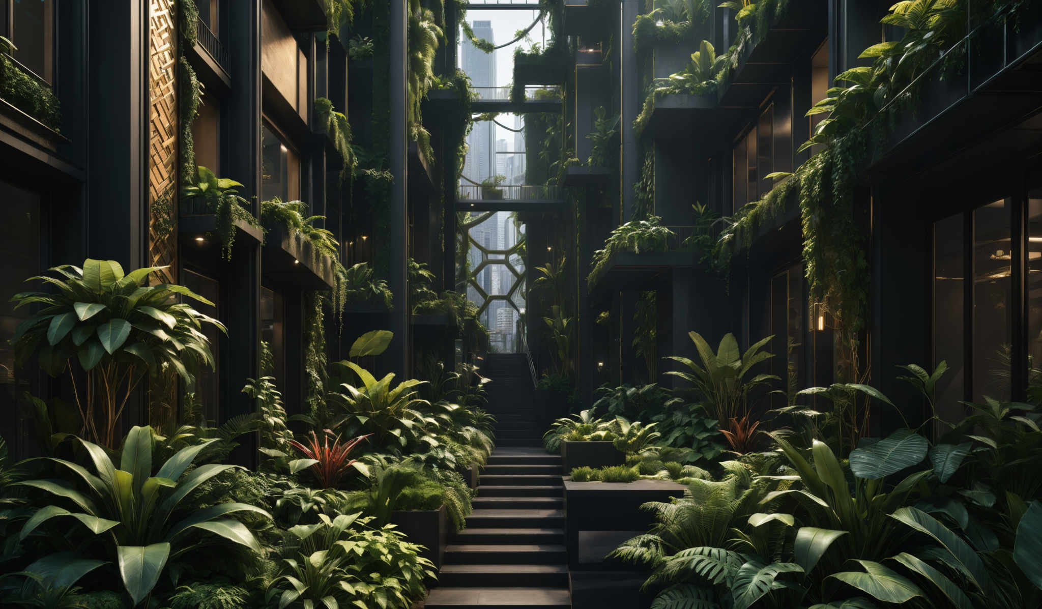 The image showcases a modern architectural space, possibly an interior of a building, that is adorned with lush greenery. The dominant colors are various shades of green from the plants, complemented by the dark tones of the building's exterior. The plants are diverse, with large-leafed varieties, ferns, and other green shrubs. The architecture features tall vertical panels, some of which have intricate gold patterns. There are also staircases leading upwards, and the entire space is bathed in a soft, ambient light, creating a serene and tranquil atmosphere.